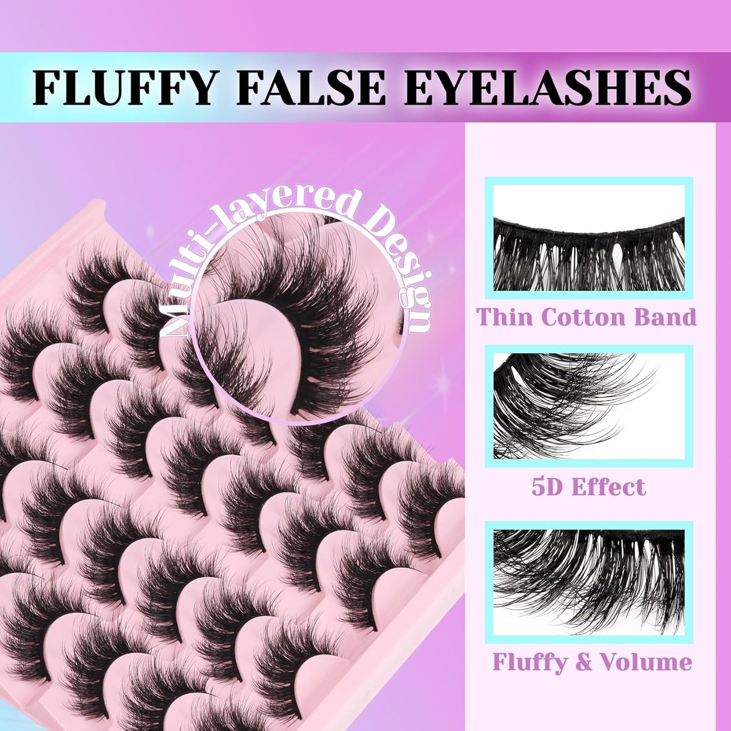 Losha Lashes Fluffy False Eyelashes 5D Volume Eye Lashes Kit with Lash Glue and Lash Tweezers 14 Pairs Vegan Fake Eyelashes Soft Faux Mink Lashes Pack (Thrives)
