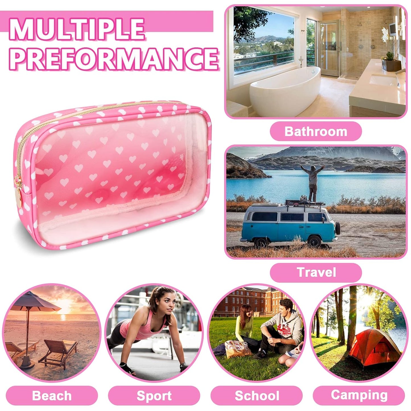 Clear Small Makeup Bag with Zipper, Nylon&PVC Cosmetic Travel Bag Preppy TSA Approved Toiletry Bag for Women Girls, Transparent Waterproof Makeup Pouches Cute Travel Bag for Purse(Small-Pink Heart)