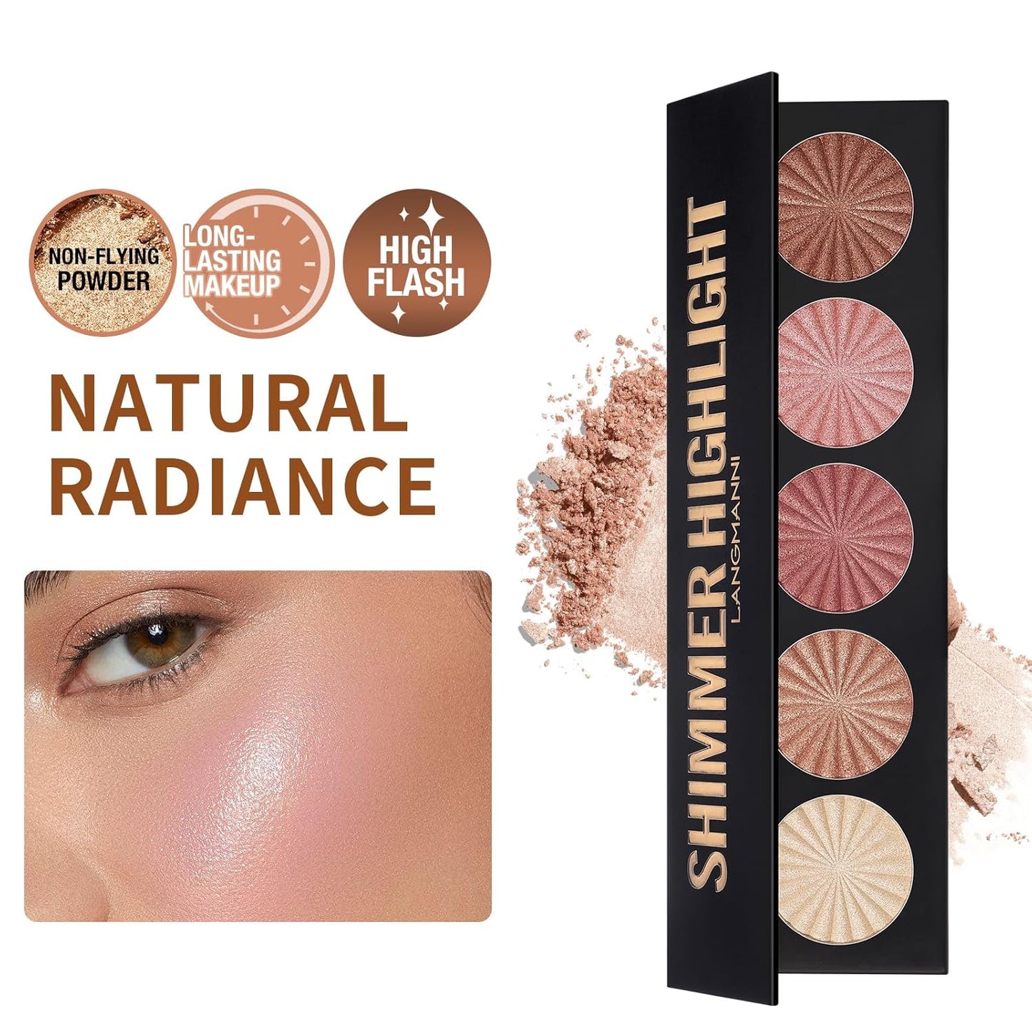 Highlighter Powder Palette, 5 Colors Makeup Palette Contour Palette Eyeshadow Makeup Kit Waterproof Long Lasting Brilliant Lighten Skin Color Professional Versatile Face Shading Set(1, brown, Large)