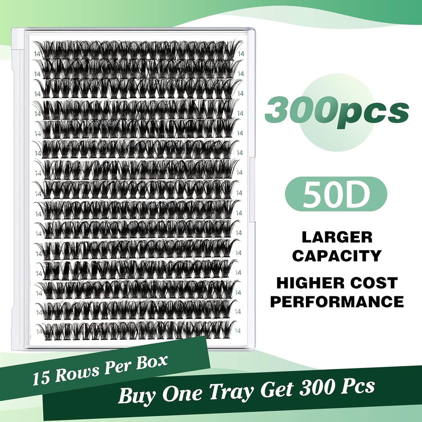 Lash Clusters 300pcs Individual Lashes 50D 0.07D Curl 14mm DIY Eyelash Extension KEYYOU Large Tray Volume Soft&Natural Cluster Lashes(50D-0.07D,14）