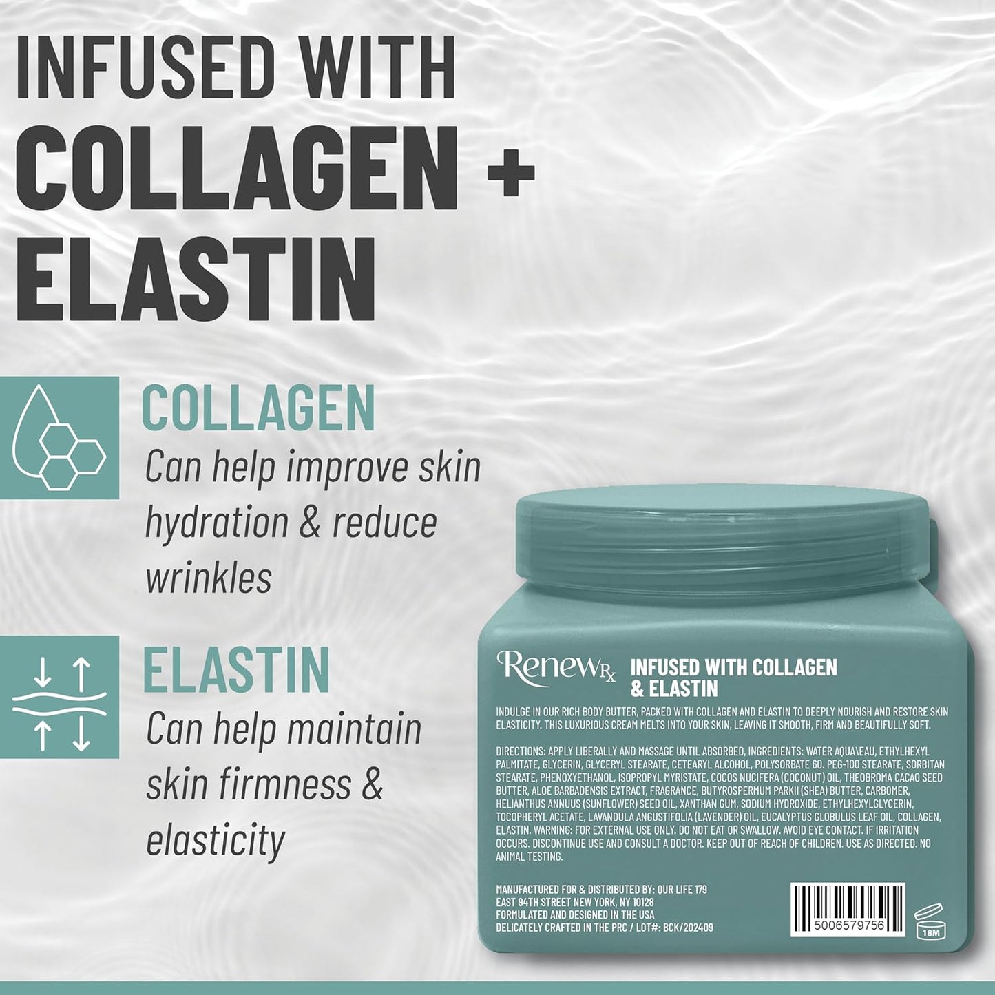 Collagen + Elastin Skin Strengthening Body Butter for Dry Skin – Hydrating & Firming Skin Care, Vegan Skincare, 16 oz