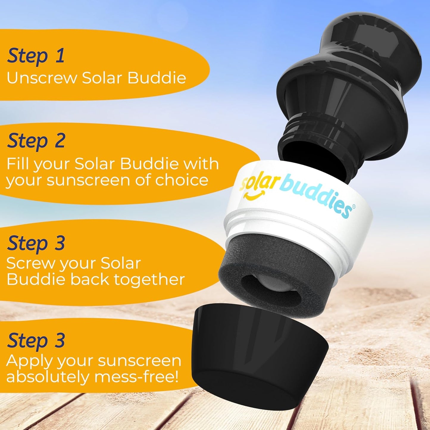 Solar Buddies Sunscreen Applicator - Single Black - Refillable Roll on Sponge Sunscreen, Suncream & Lotion Applicator For Kids, Adults & Families - Holds 3.4fl oz, Perfect Size for Travel