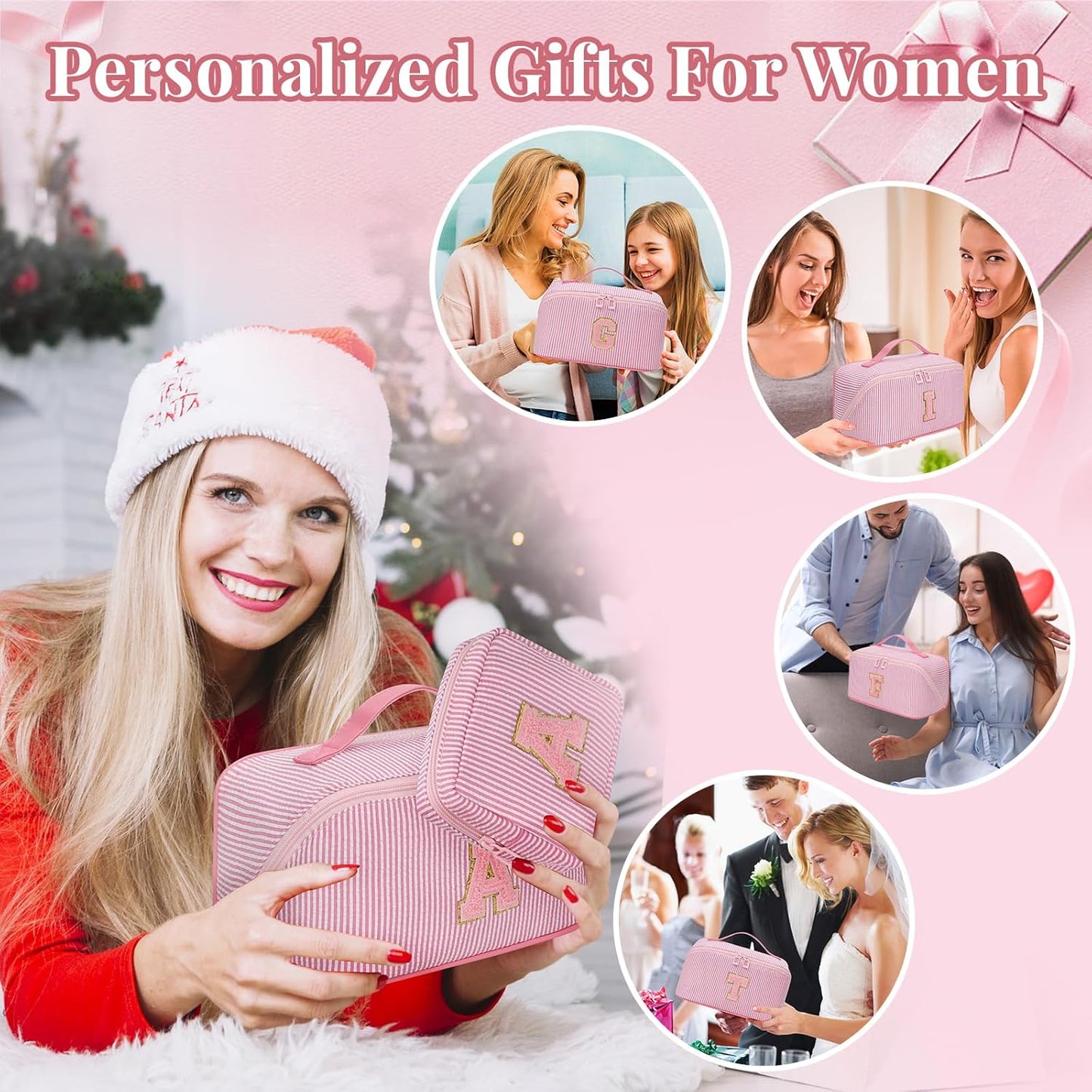 Travel Makeup Bag for Women, 2Pcs Portable Personalized Initial Makeup Organizer Bag, Open Flat Large Cosmetic Bag With Travel Essential Pouch (Pink Letter D)