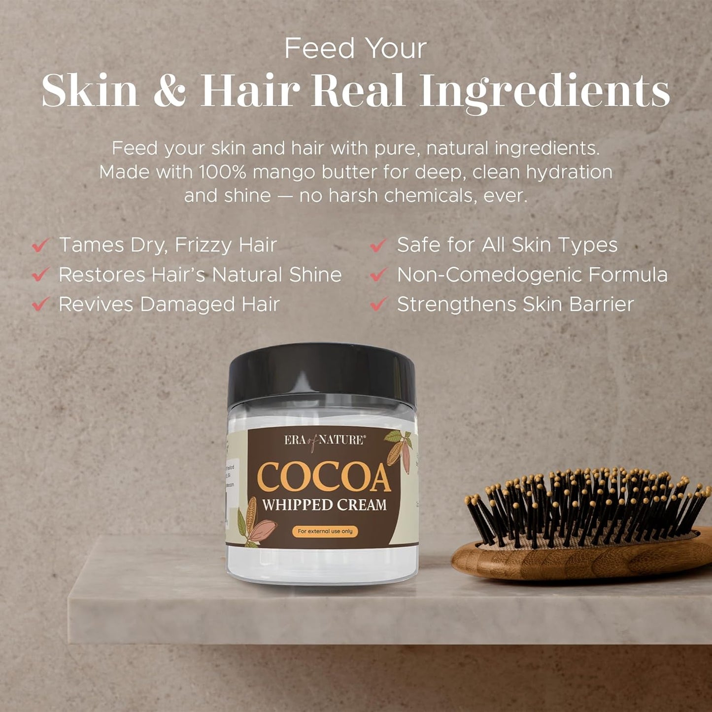 era of nature Cocoa Whipped Body Cream for Women 8oz - Lightweight Whipped Lotion with Natural Cocoa - Non-Greasy Body Butter Cream Lotion & Balm Moisturizer for Face, Hair & Dry Skin, Vegan Skincare