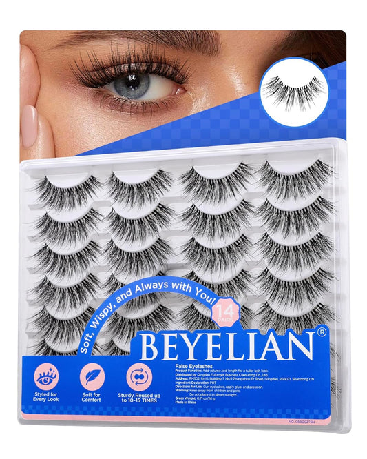 BEYELIAN 14 Pairs False Eyelashes Wispy D Curl 10-18MM Cat Eye Lashes, 3D Volume Fake Lashes Soft and Lightweight Faux Mink Lashes Pack, Reusable, Easy to Apply (14P-HSCS-53)