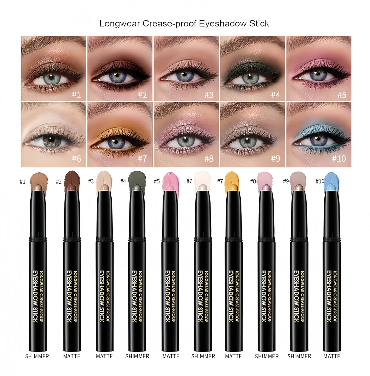 MAEPEOR 10 Colors Cream Eyeshadow Stick Silky Smooth Matte Shimmer Eyeshadow Pen Waterproof and Long Lasting Shadow Pencil for Girls and Women (Color 01)