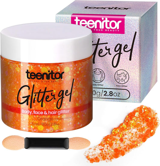 Teenitor Body Glitter Gel, Face Glitter, Orange Glitter for Body Makeup, 80g/2.8oz Face and Body, Hair Glitter Gel, Rave Glitter