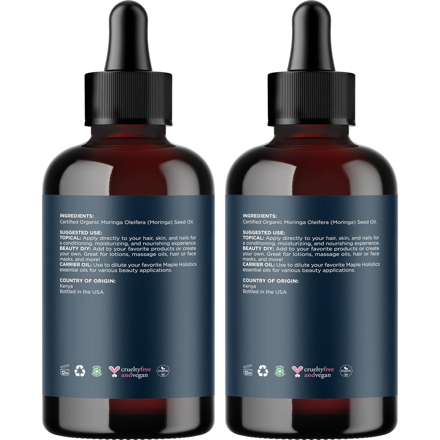 Organic Moringa Oil for Hair and Skin - Cold Pressed Virgin Unrefined Natural Pure USDA Organic Hair Oil for Dry Damaged Hair and Ultra Hydrating Face Oil - Carrier Oil for Essential Oils (2 Pack)