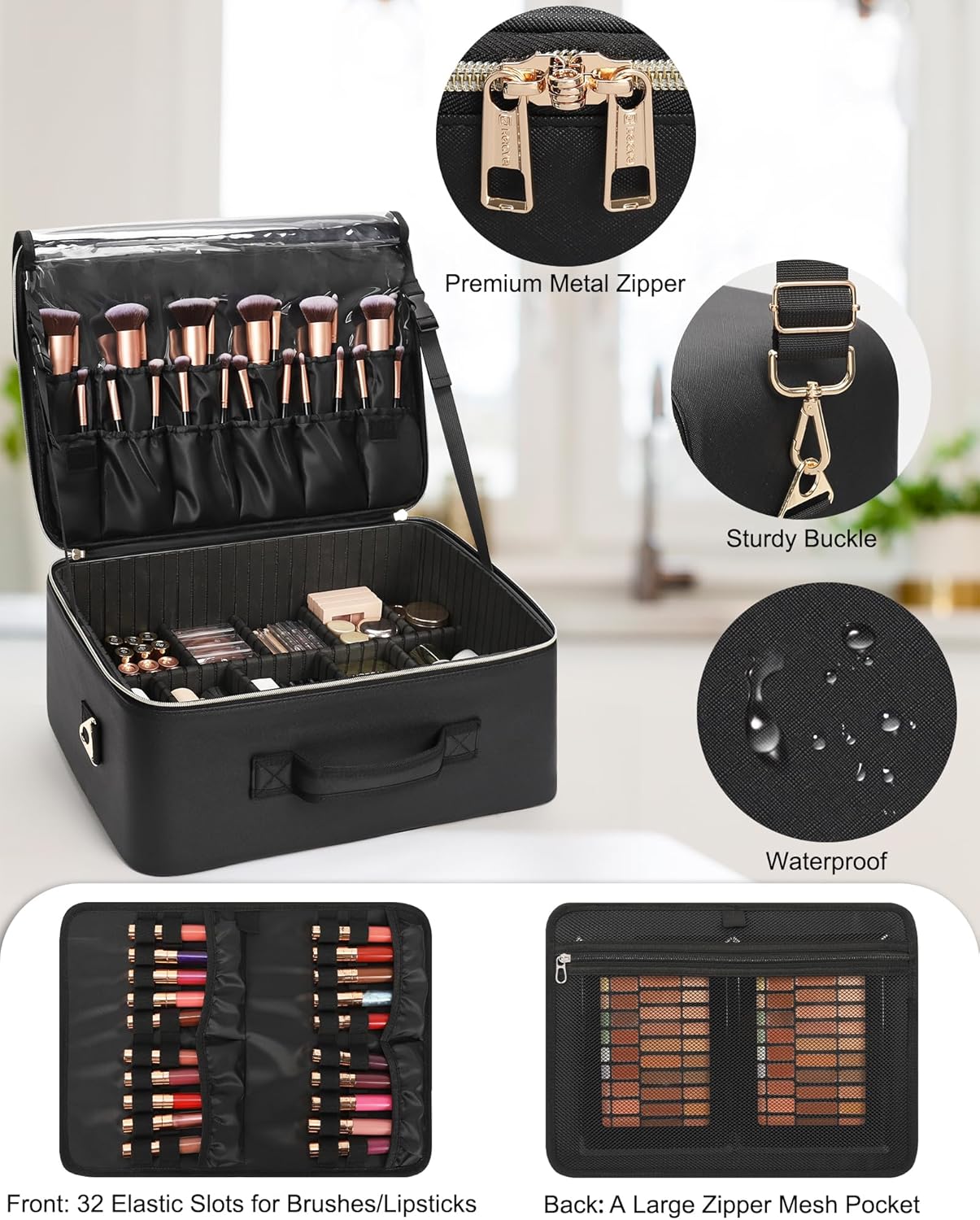 Relavel Extra Large Makeup Case Professional Cosmetic Storage Organizer Box Brush Holder with 4 Clear Set Bags for Makeup Artists with Shoulder Strap & Adjustable Dividers, Leather Black