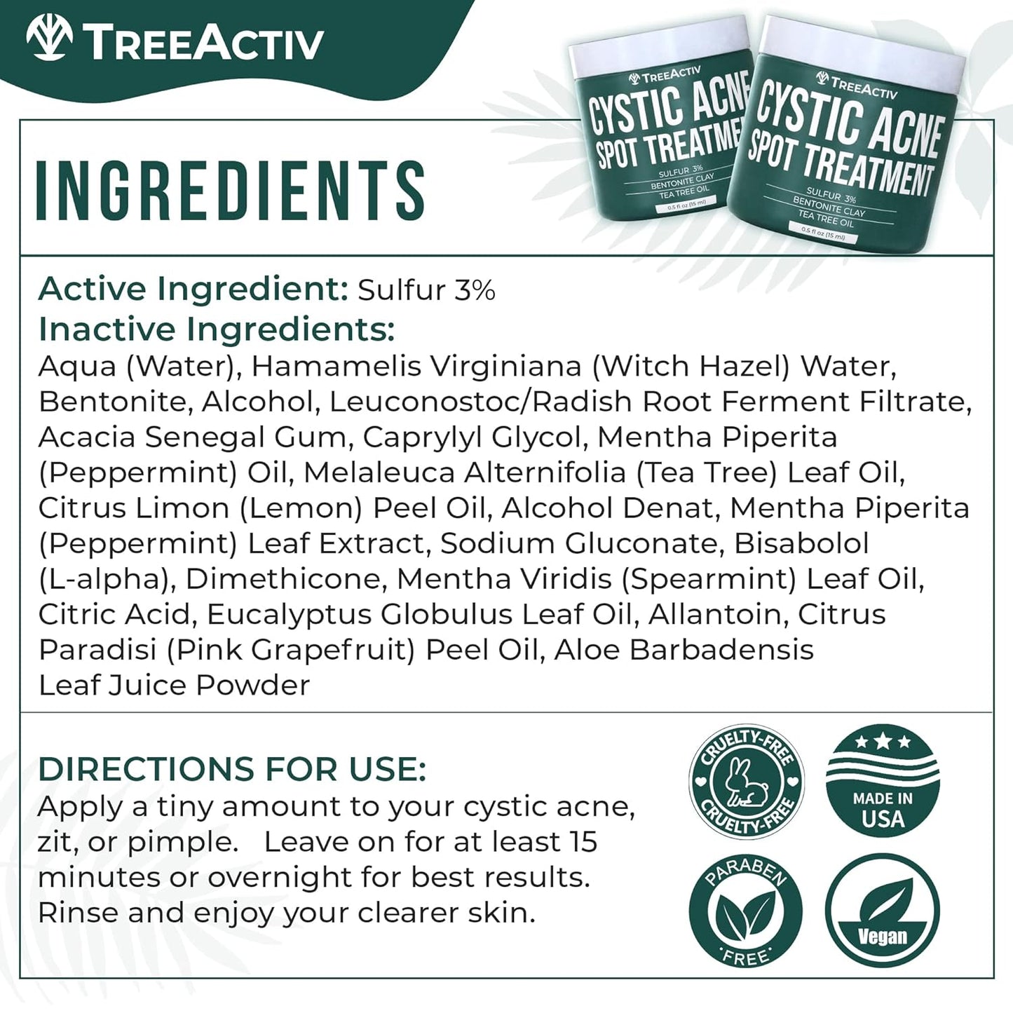 TreeActiv Cystic Acne Spot Treatment, Hormonal & Overnight Sulfur Cystic Treatment For Face, Pimples, and Blemishes for Adults, Men, and Women - 0.5oz 120+ Uses