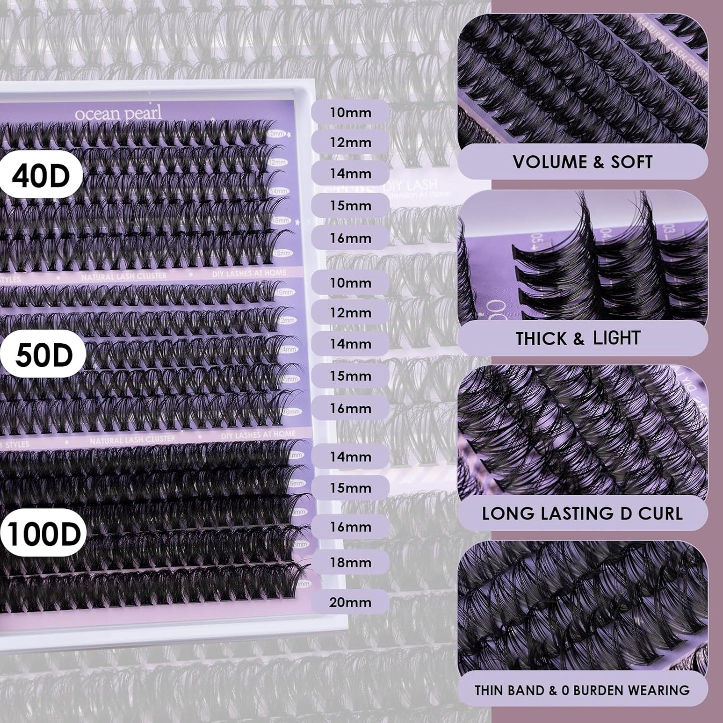 Ocean Pearl DIY Lash Extension Kit 300PCS Lash Cluters 10-20mm 40D 50D 100D Thick Eyelash Extension Kit Long Eyelashes Natural Individual Lashes with Bond&Seal&Remover&Tweezers-300
