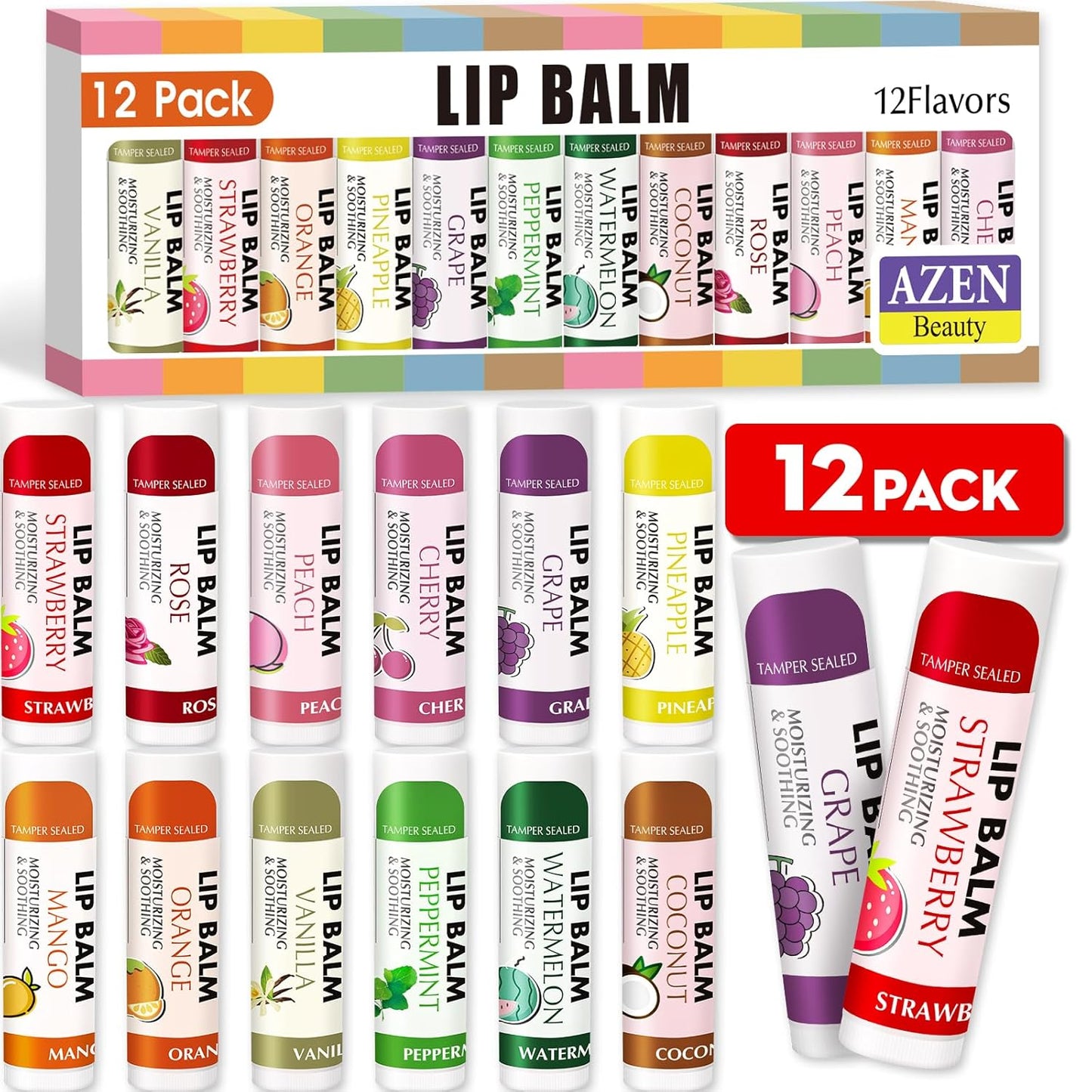 AZEN 12 Pack Lip Balm, Natural Lip Balm Bulk, Lip Care Product, Moisturizing Lip Balms for dry cracked lips - 12 Flavors