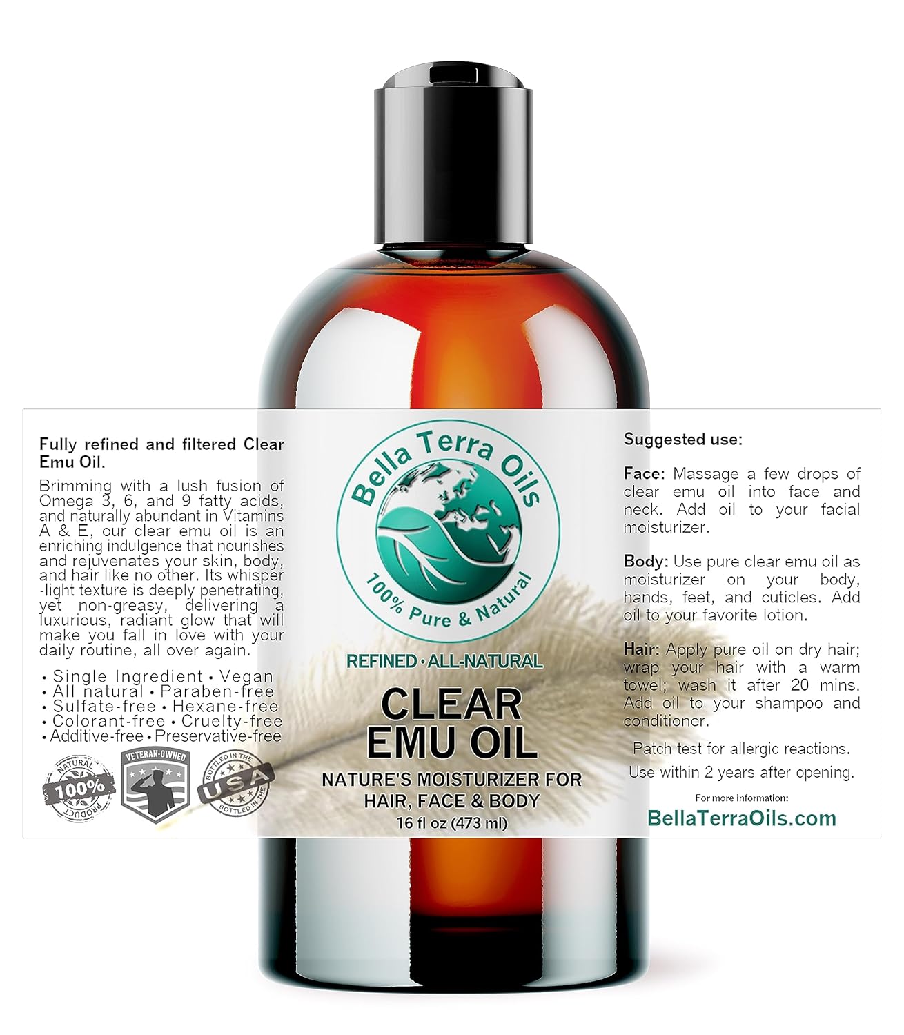Bella Terra Oils - Clear Emu Oil 16 oz - Celebrate Nature's Best Kept Beauty Secret, Enriched with Omega Fatty Acids, Natural Elixir for Radiant Skin