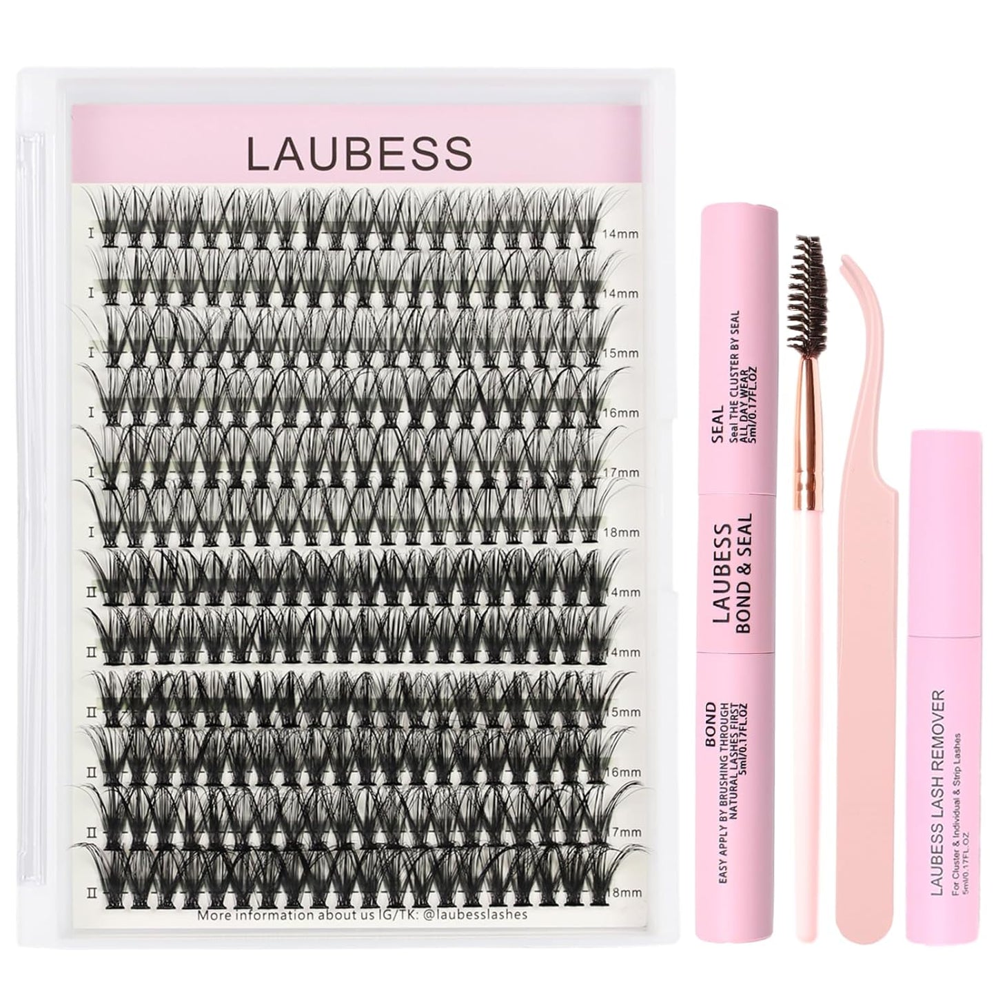 Lash Clusters Kit LAUBESS DIY Lash Extension Kit Lash Bond and Seal Waterproof Lash Glue Remover Tweezers Brush Cluster Eyelash Extensions Kit Eyelash Clusters (Kit 30D/40D-C-Mix14-18)