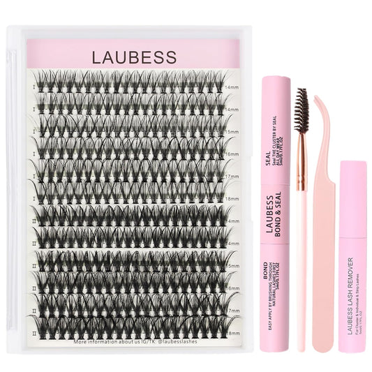 Lash Clusters Kit LAUBESS DIY Lash Extension Kit Lash Bond and Seal Waterproof Lash Glue Remover Tweezers Brush Cluster Eyelash Extensions Kit Eyelash Clusters (Kit 30D-D-Mix14-18)