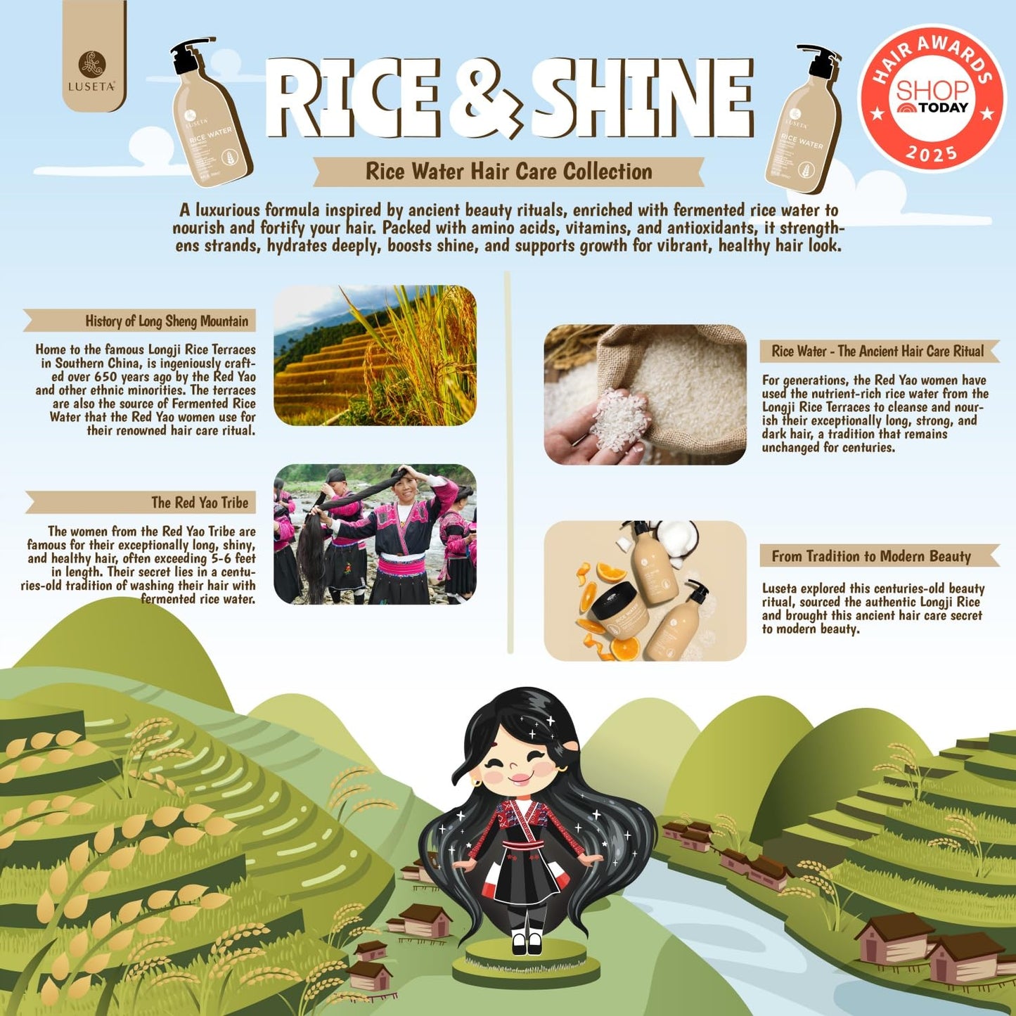 Luseta Rice Water Shampoo and conditioner Set Strengthening & Nourishing Revitalizes Shine for All Hair Types Hydrating & Frizz Control for Women and Men 16.9oz*2