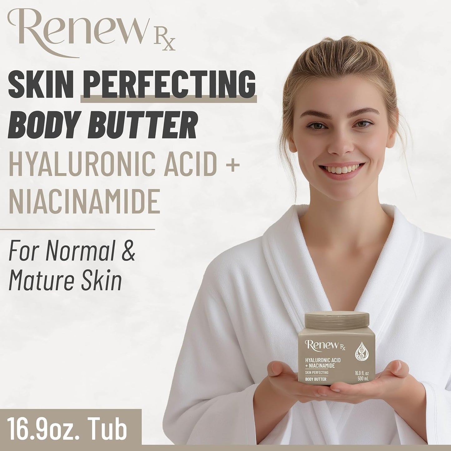 Hyaluronic Acid + Niacinamide Body Butter for Dry Skin – Deep Hydrating Skin Care, Skin Perfecting Vegan Skincare, 16 oz