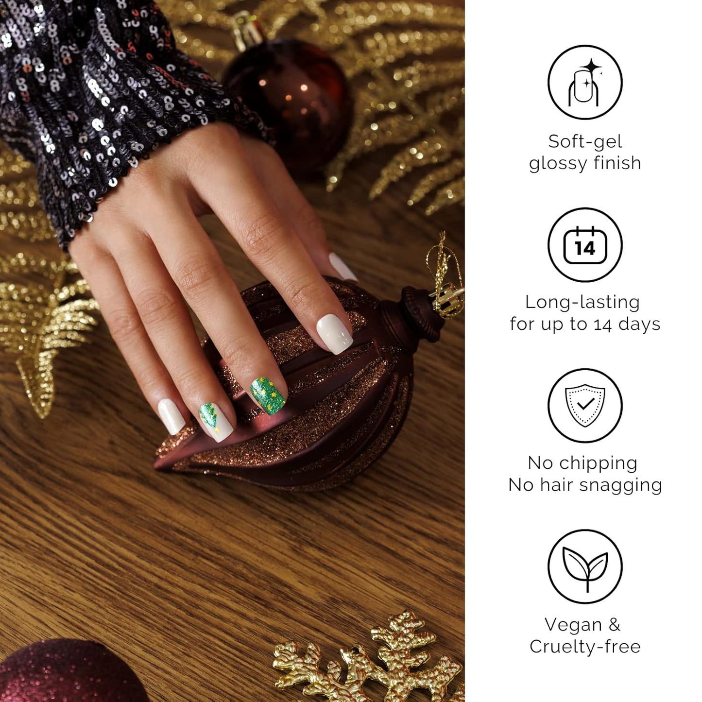 Nailog Semi Cured Gel Nail Strips 34 pcs| Long Lasting Nail Polish Sticker Wraps with Glossy Gel Finish, Twinkling Trees