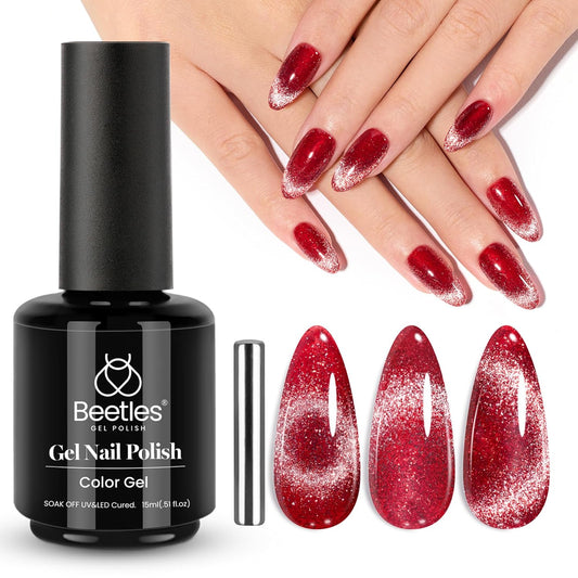 Beetles Red Cat Eye Gel Nail Polish, 15ml Glitter Nail Polish with Magnet Gel Soak Off UV LED Nail Lamp Reflective Nail Art DIY Home Manicure Design Gift for Women