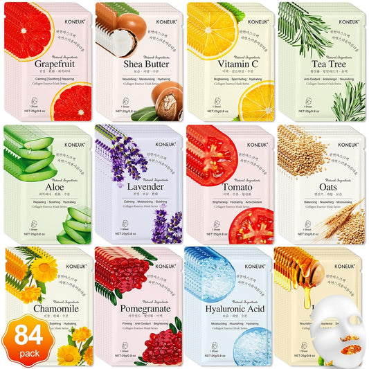 84 Pack Collagen Face Masks Skincare for Women, Hydrating and Moisturizing Sheet Face Masks for Women Skin Care, Face Mask Gifts Set for Spa Party, Bulk Facial Masks Suitable for All Skin Types
