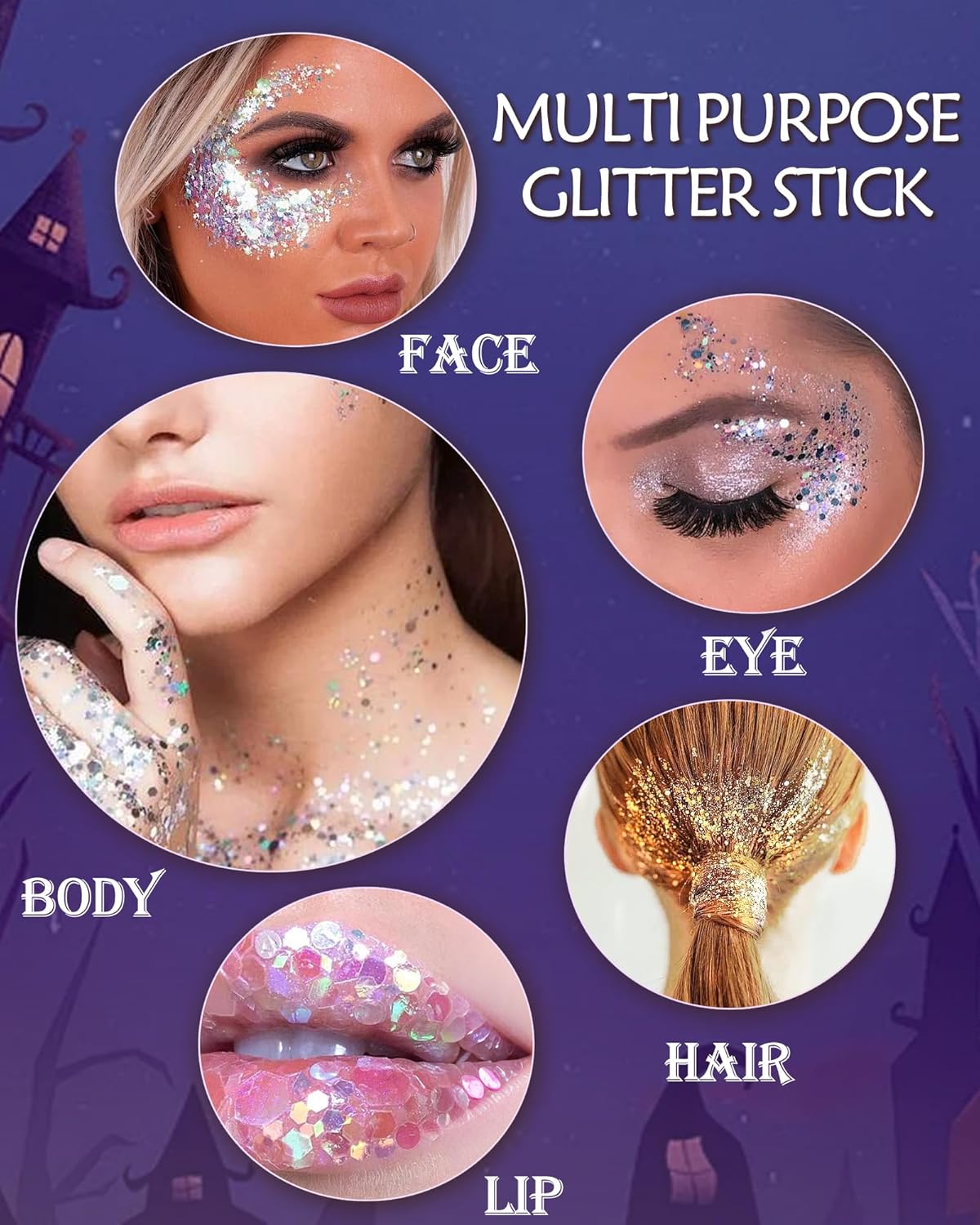 Body Glitter Stick, Waterproof Long Lasting Sparkling Face Shimmer Makeup, Singer Concerts Disco Music Halloween Festival Rave Accessories, Holographic Chunky Sequins Hair Stick,Gift for Women girl-29
