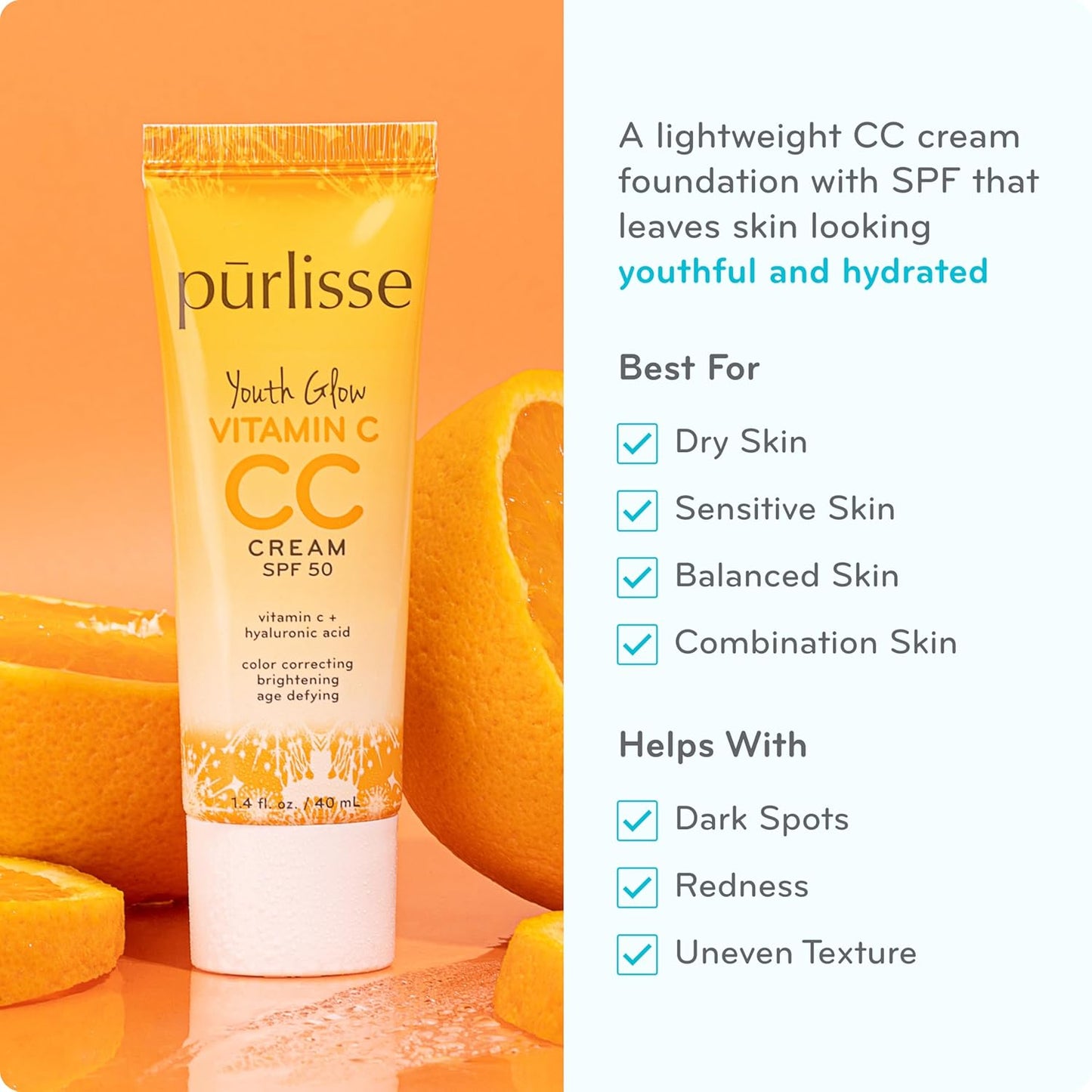pürlisse Youth Glow Vitamin C CC Cream with SPF 50 - Color Corrector Enriched with Sea Buckthorn, Vitamin C & Hyaluronic Acid - Boosts Radiance & Youthfulness - Paraben-Free - Fair (1.4 oz)