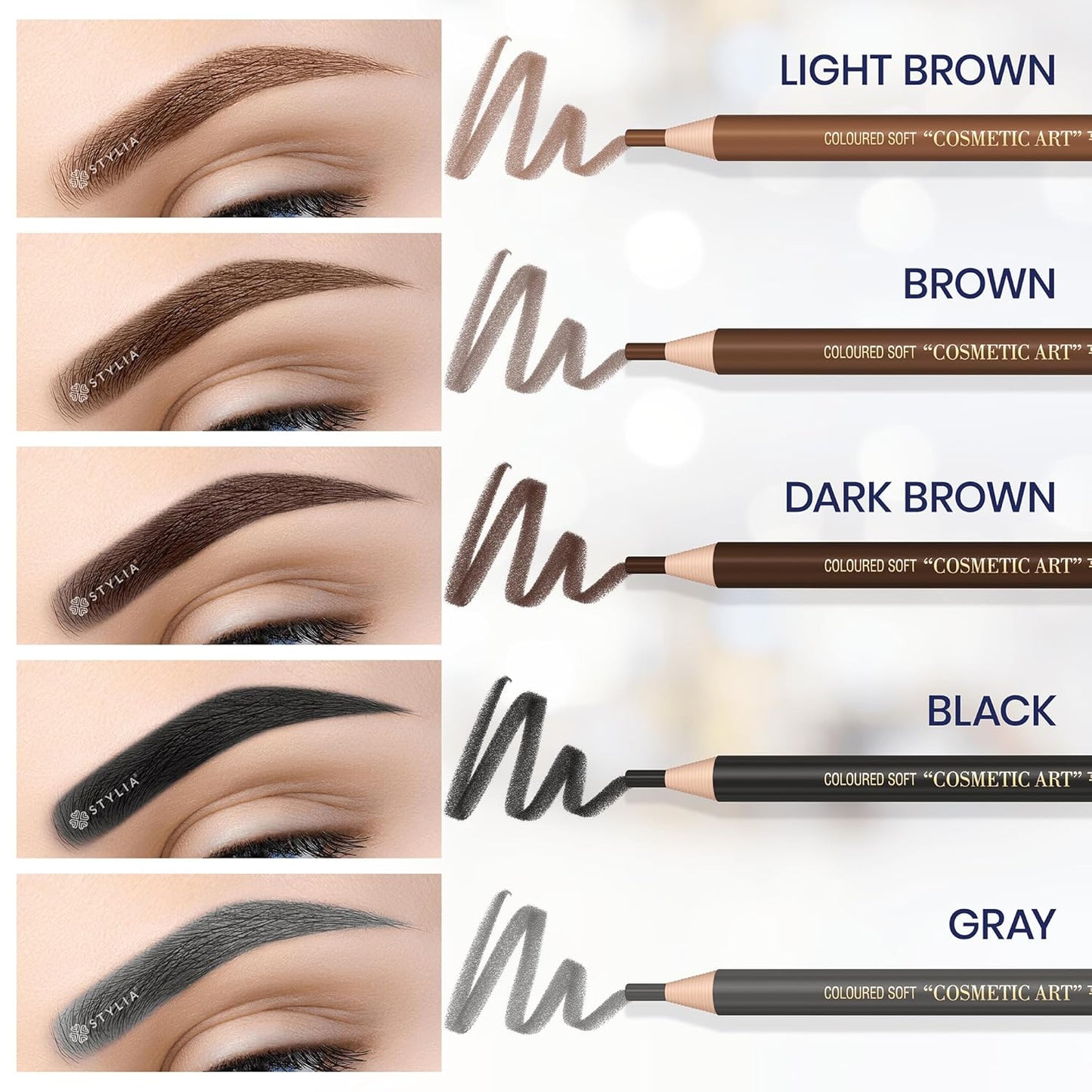 Stylia Waterproof Eyebrow Pencils For Women – Long-Lasting Microblading Supplies Brow Pencil, Perfect for Eyebrow Shaper, Filling & Defining Natural-Looking Brow - (12PC in 5 Colors)