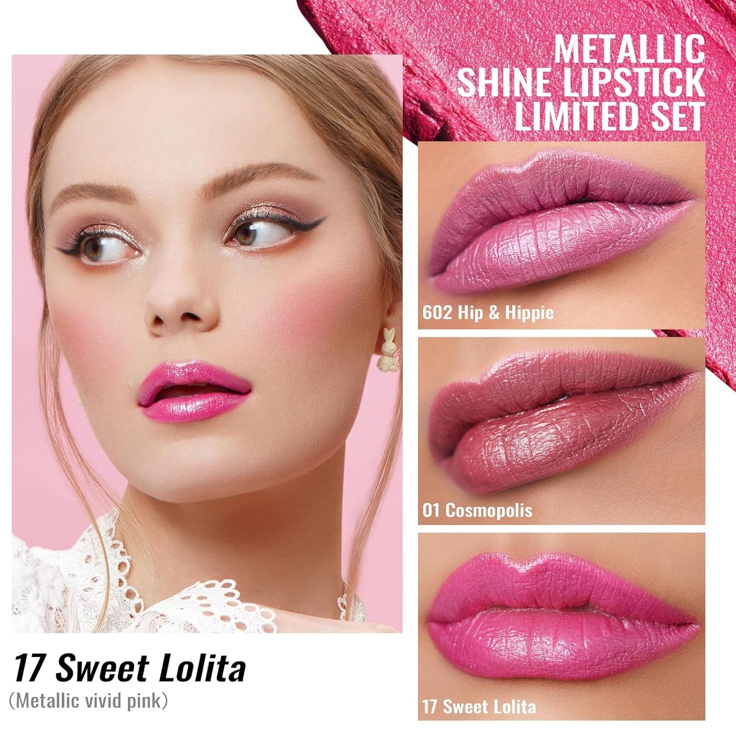 Oulac Metallic Pink Lipstick Set 3PCS, Comfortable Creamy Texture, Smooth No Grainy Feeling, Vegan & Gluten Free, Full-Coverage Lip Makeup, 3 X 4.3 g, 602+01+17