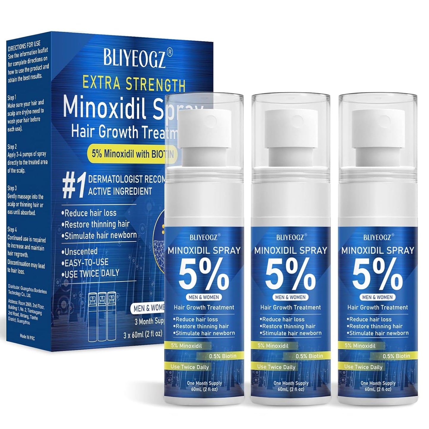 5% Minoxidil Spray for Men and Women, Infused with Biotin, for Hair Regrowth Treatment, Beard Growth, Extra Strength Treatment to Combat Hair Loss and Thinning, 3 Month Supply, 3 Bottles