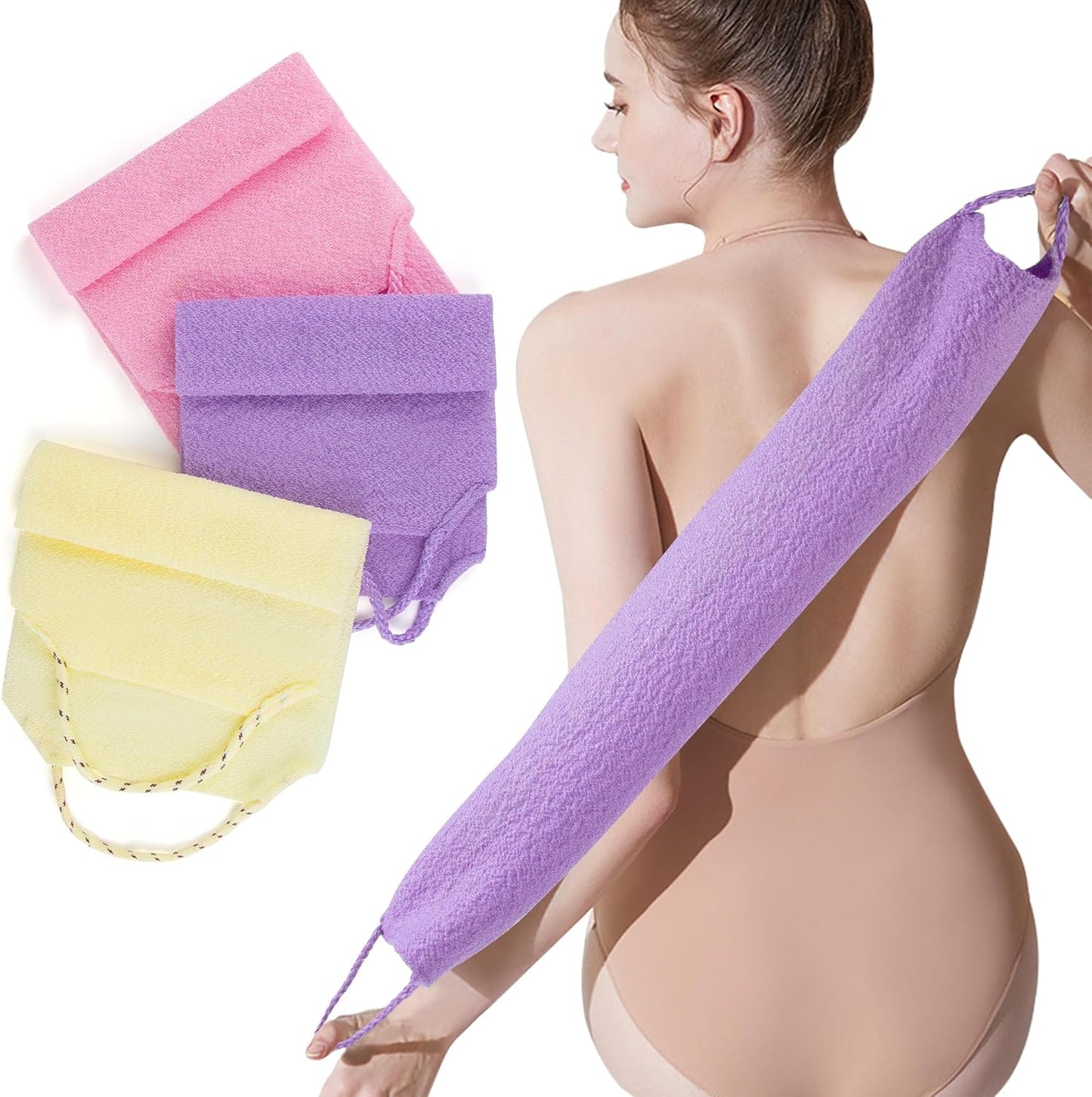 3 Pcs Double-Sided Back Exfoliator Body Scrub Towel, Exfoliating Back Scrubber with Handles,Exfoliating Washcloth Bath Tool in Shower, Stretchable Back Washer to Deep Cleans Skin (Beige,Pink,Purple)