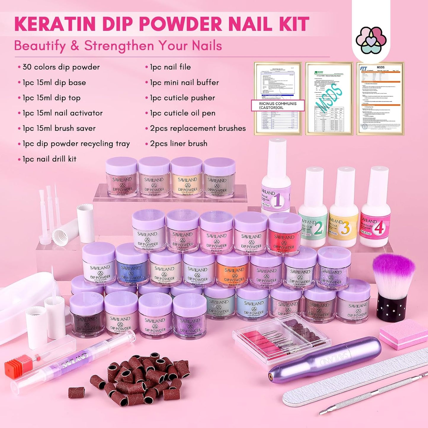 SAVILAND Dip Powder Nail Kit with Drill: Starter Set 30 Colors Summer Spring Keratin Dip Nails Powder with Dipping Liquid Set Activator Base Top Coat Cuticle Oil for DIY Manicure Nail Art
