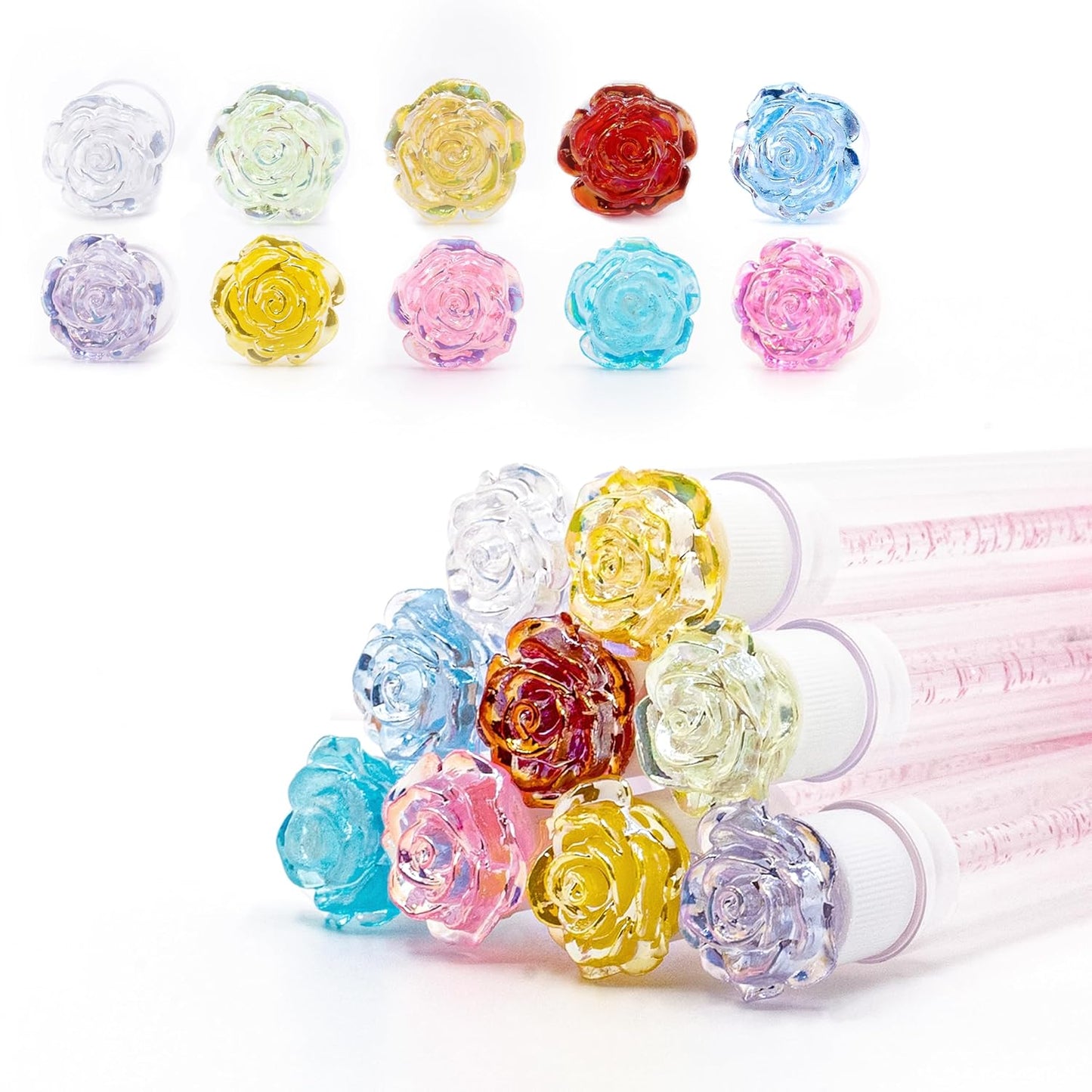 i-Laesh 10Pcs Diamond Disposable Mascara Wands with Tube - Spoolies for Eyelash Extensions, Cleaning & Brow Makeup - Multi-Color Applicator Set (3D Rose)