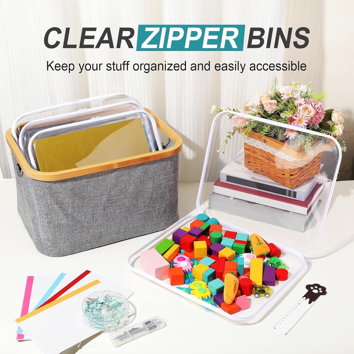 Hoolerry 4 Pcs Hard Clear Zipper Case Makeup Bags Plastic Pencil Pouch Transparent Storage Box Containers for Cosmetics, Snacks, Building Blocks, Puzzles(White,13.8 x 11.8 x 2 in)