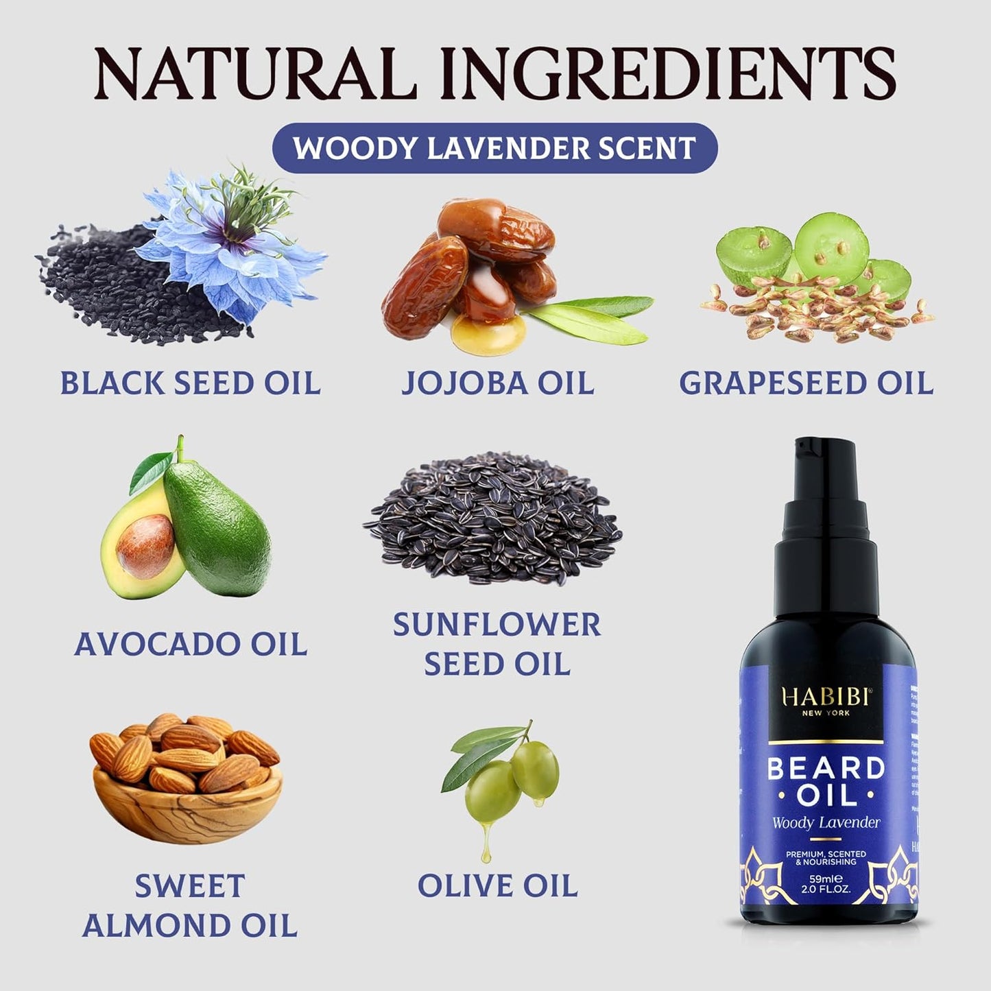 H HABIBI Woody Lavender Beard Oil – 2.0 Fl. Oz Naturally Derived Beard Growth Oil for Men, Beard Care Essential – Hydrates, Nourishes & Promotes Healthy Growth, Made in USA