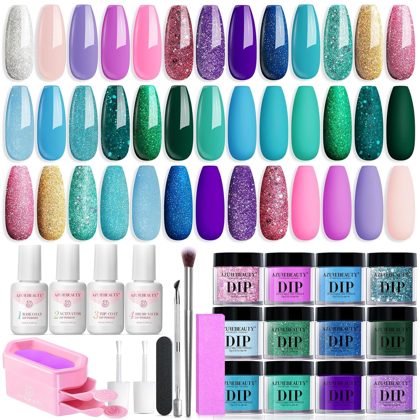 AZUREBEAUTY 31 Pcs Dip Powder Nail Kit Starter 20 Colors Glitter Nude Green Mermaid Serie Dip Powders Liquid Set with Base Top Coat Activator French Nails Art Manicure DIY Salon Christmas Gift