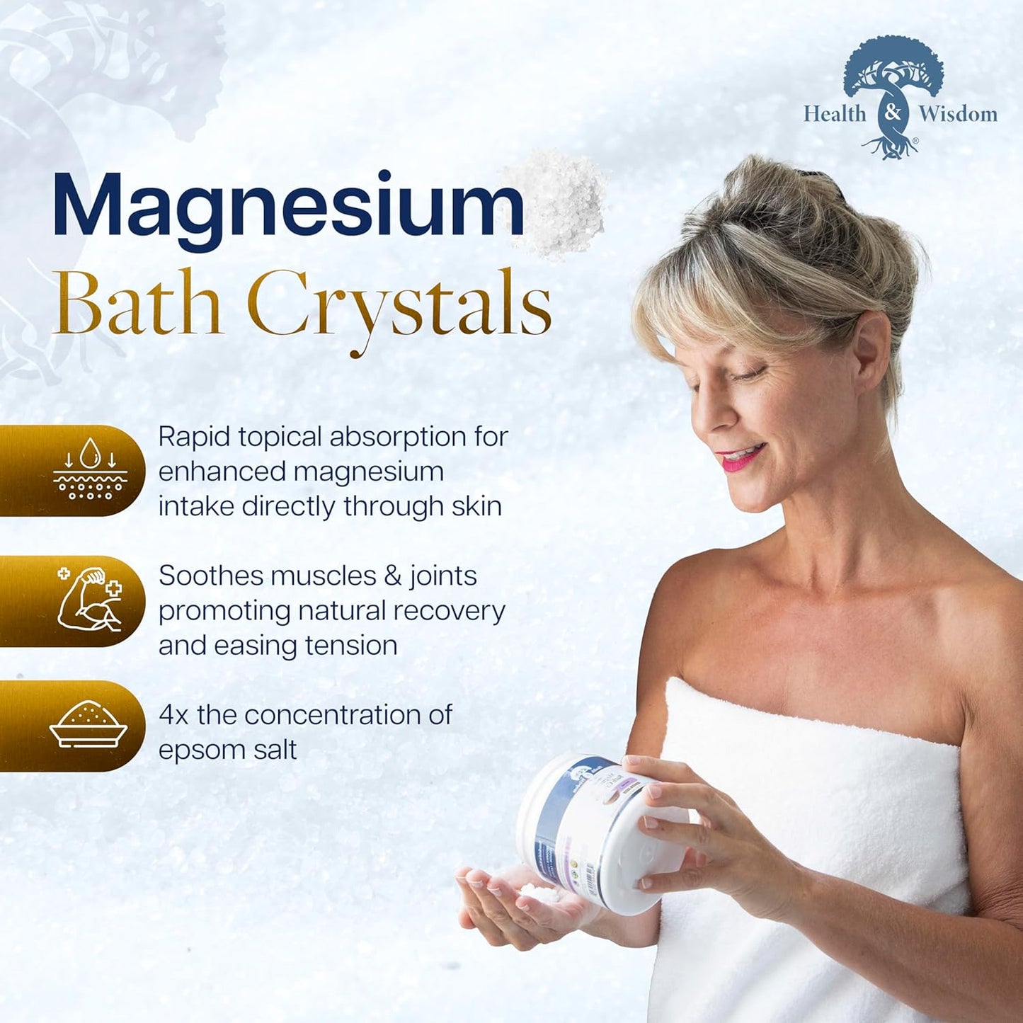Health and Wisdom Magnesium Bath Crystals - Bath Salts with High Concentration & Enhanced Absorption for Muscle & Joint Relief - Dead Sea Sourced - Unscented - .75 lbs - Up to 6 Uses