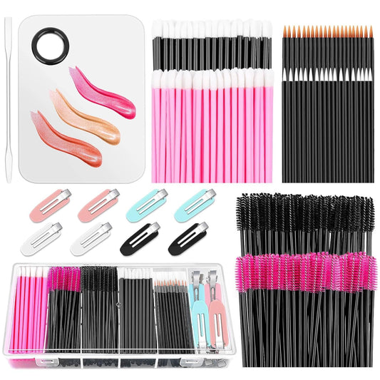 Shynek Makeup Mixing Tray with Disposable Accessories Kit - Mascara Wands, Lip Applicators, Hair Clips & Organizer Box