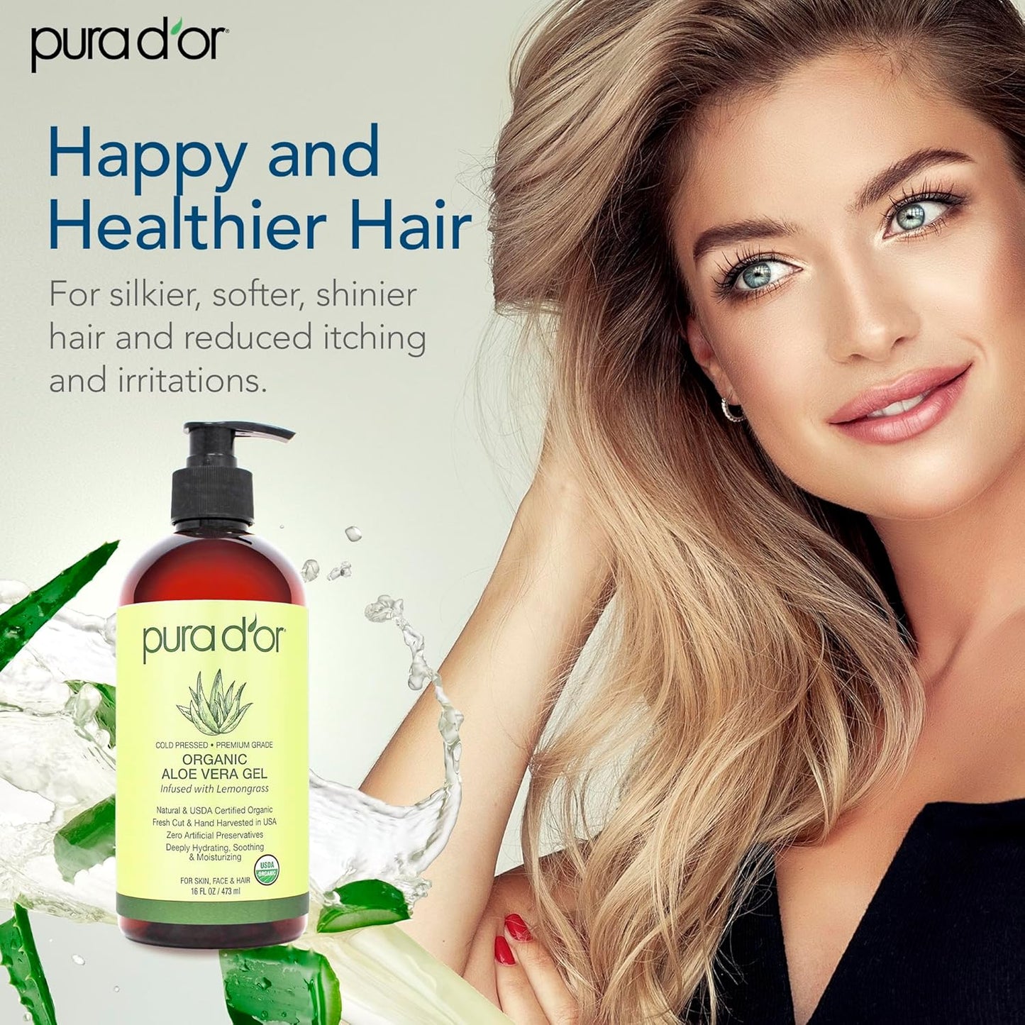 PURA D'OR 16 Oz ORGANIC Aloe Vera Gel - Lemongrass - All Natural - ZERO Artificial Preservatives - Deeply Hydrating & Moisturizing - Sunburn, Bug Bites, Rashes, Small Cuts, Eczema Relief - Skin & Hair