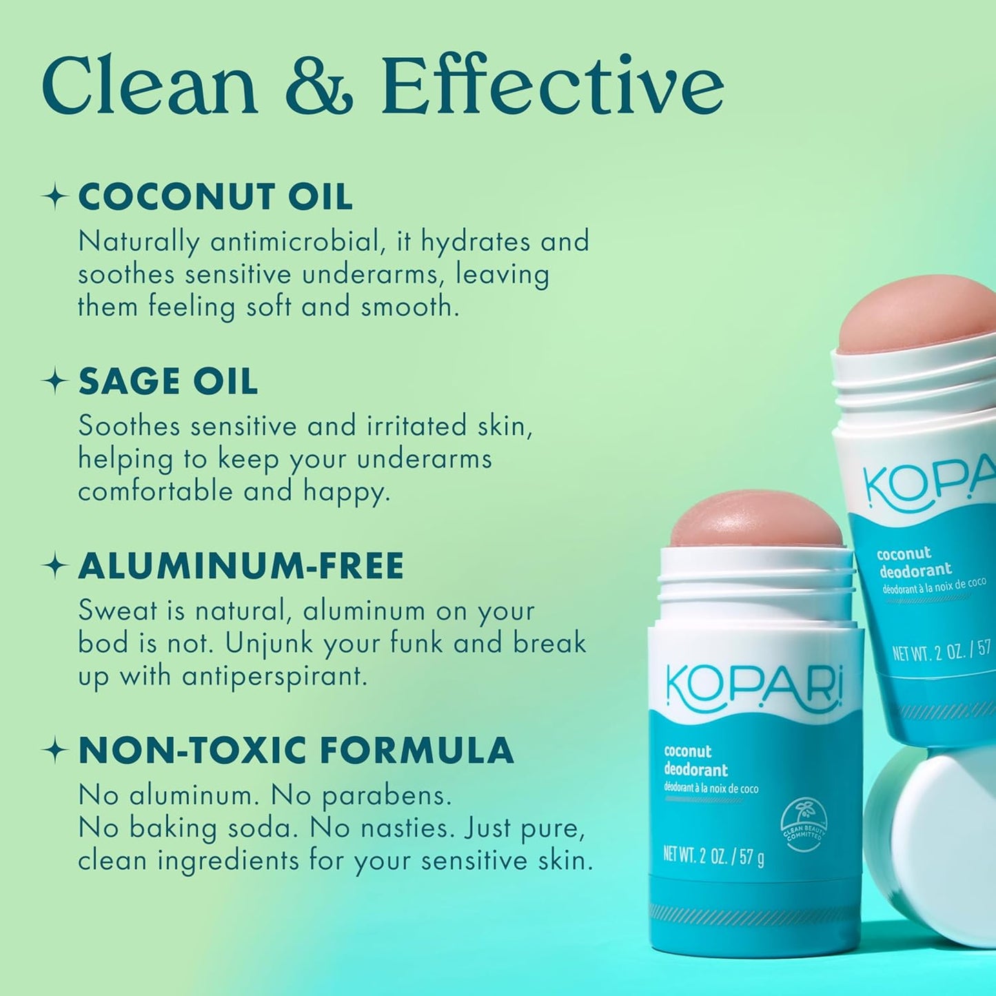 Kopari Aluminum Free Coconut Deodorant, Non Toxic & Clean Plant-Based, No Aluminum, Parabens or Baking Soda, Long Lasting Protection, Charcoal 2 oz