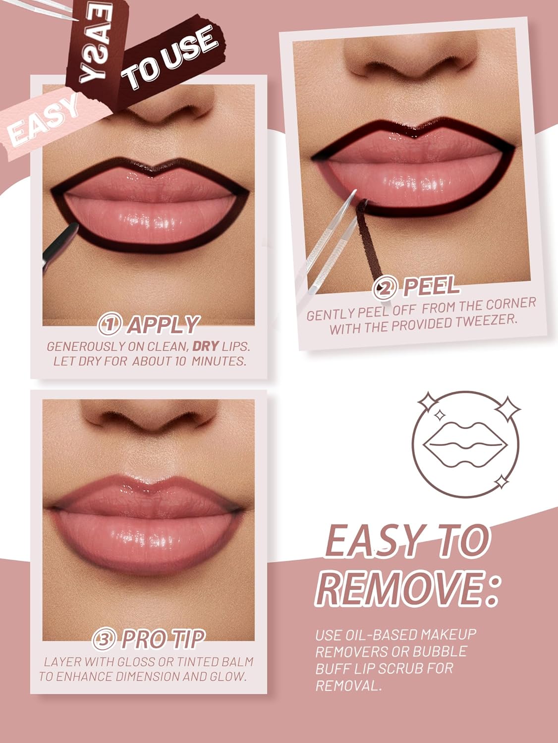 Lip Stain Peel Off Lip Liner Stain with Tweezer, Long Lasting Matte Lip Tint Tattoo, Highly Pigmented Color Lip Makeup, Waterproof Lipstick, Transfer-proof Lipstain for Women, Neon Rose