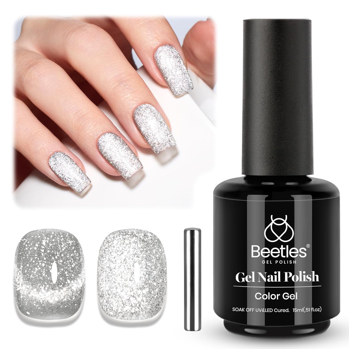 Beetles Sliver Cat Eye Gel Nail Polish - 15ML Glitter Cat Eye Magnetic Holographic Fall Gel Polish Soak Off UV Salon DIY French Nail Art Gift for Women