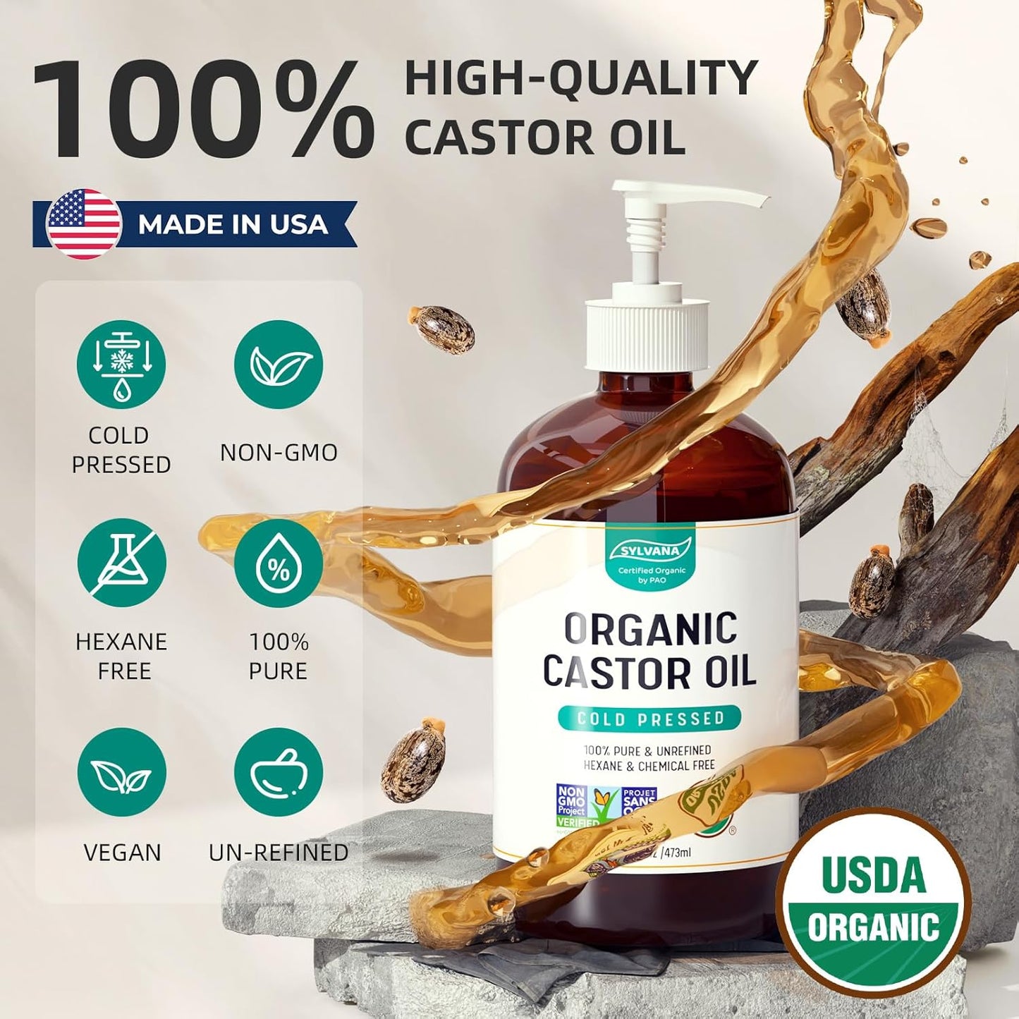 SYLVANA Organic Castor Oil with Pump (16oz Glass Bottle), USDA Certified Organic, Cold Pressed, Hexane Free, Vegan - 100% Pure Castor Oil for Hair Growth, Nourishing Skin, Lashes & Eyebrows