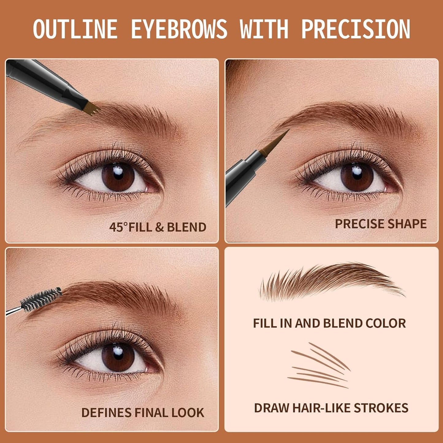 Eyebrow Pen, 2-in-1 Dual-Ended Microblading Eyebrow Pencil, Magical Faux Brow Pen with 4-Fork-Tip & Precise Brush-Tip Create Natural Hair-Like Brow, Waterproof, Stay on All Day, Dark Brown,1Pcs