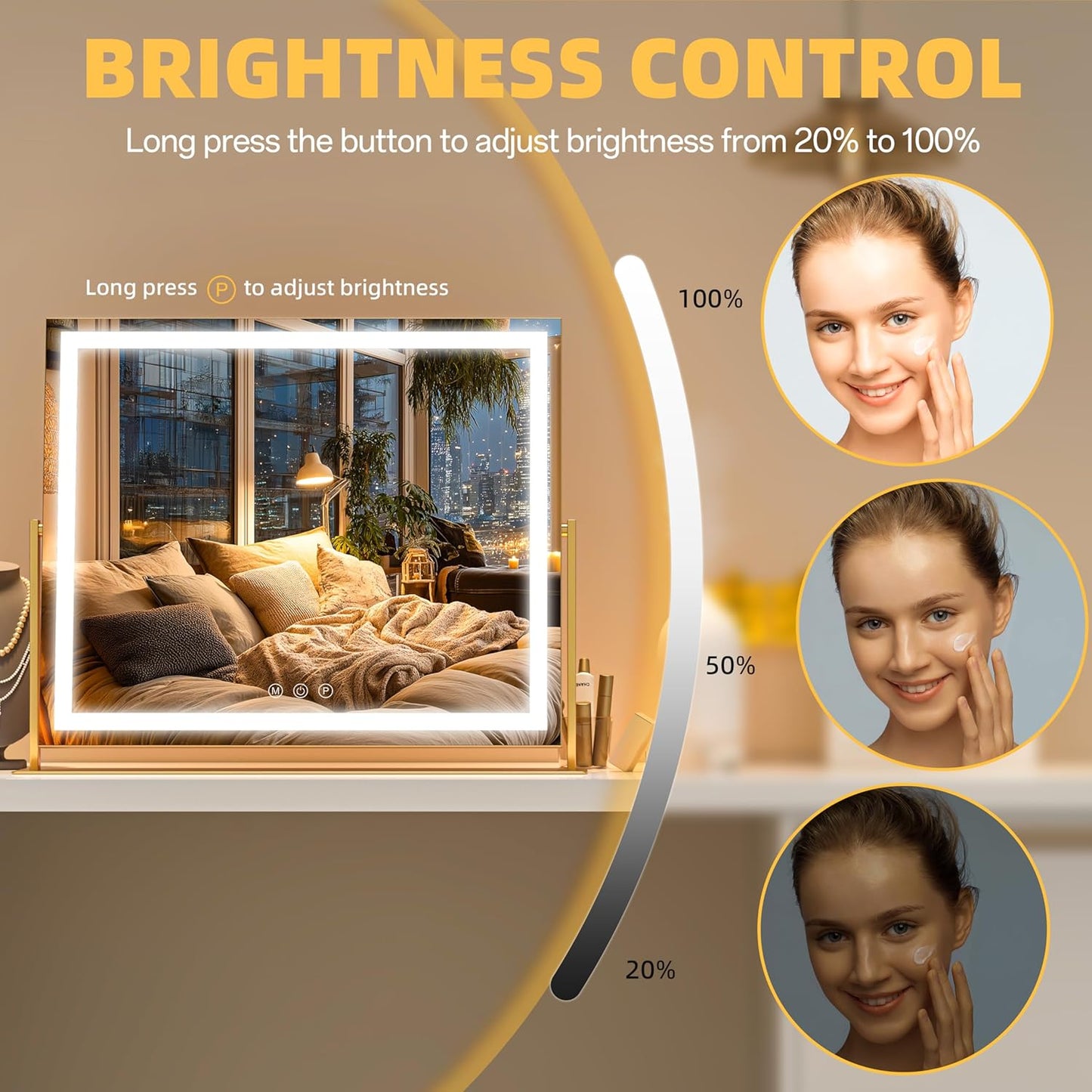 Vanity Mirror with Lights, 26'' x 22'' Lighted Makeup Mirror, Touch Screen with 3-Color Lighting, Dimmable for Vanity Desk Tabletop Square Gold