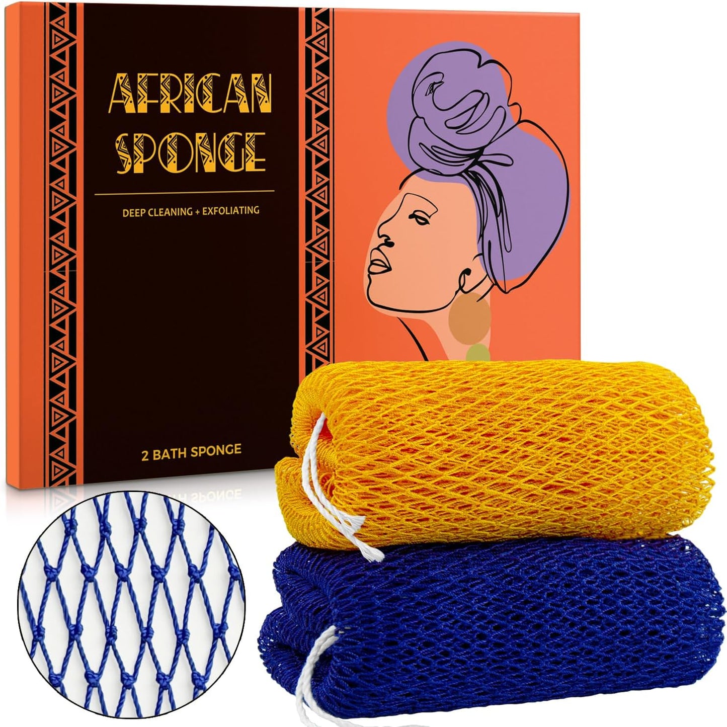 African Net Sponge Authentic - 2 Pieces African Exfoliating Net Bath Sponges for Shower Navy&Yellow - Body Scrubber Exfoliator Loofah Wash Cloth - Afro Back Scrub for Women Bathing Accessories