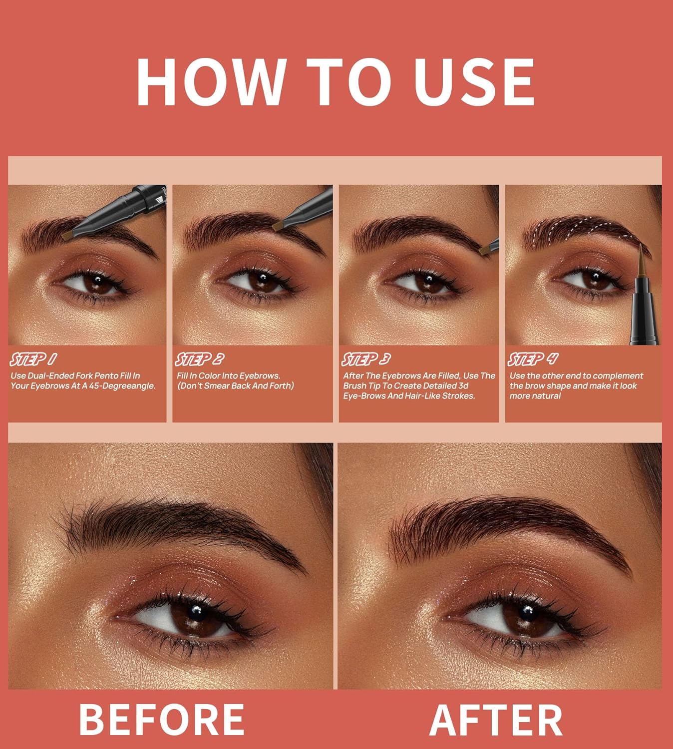 4-Fork Tip Microblading Eyebrow Pen With Brow Gel - 2-in-1 Waterproof Eyebrow Pencil, Long-Lasting Natural Hair-Like Brows, Smudge-Proof & Easy to Use (With Brow Gel 02#Dark Brown)