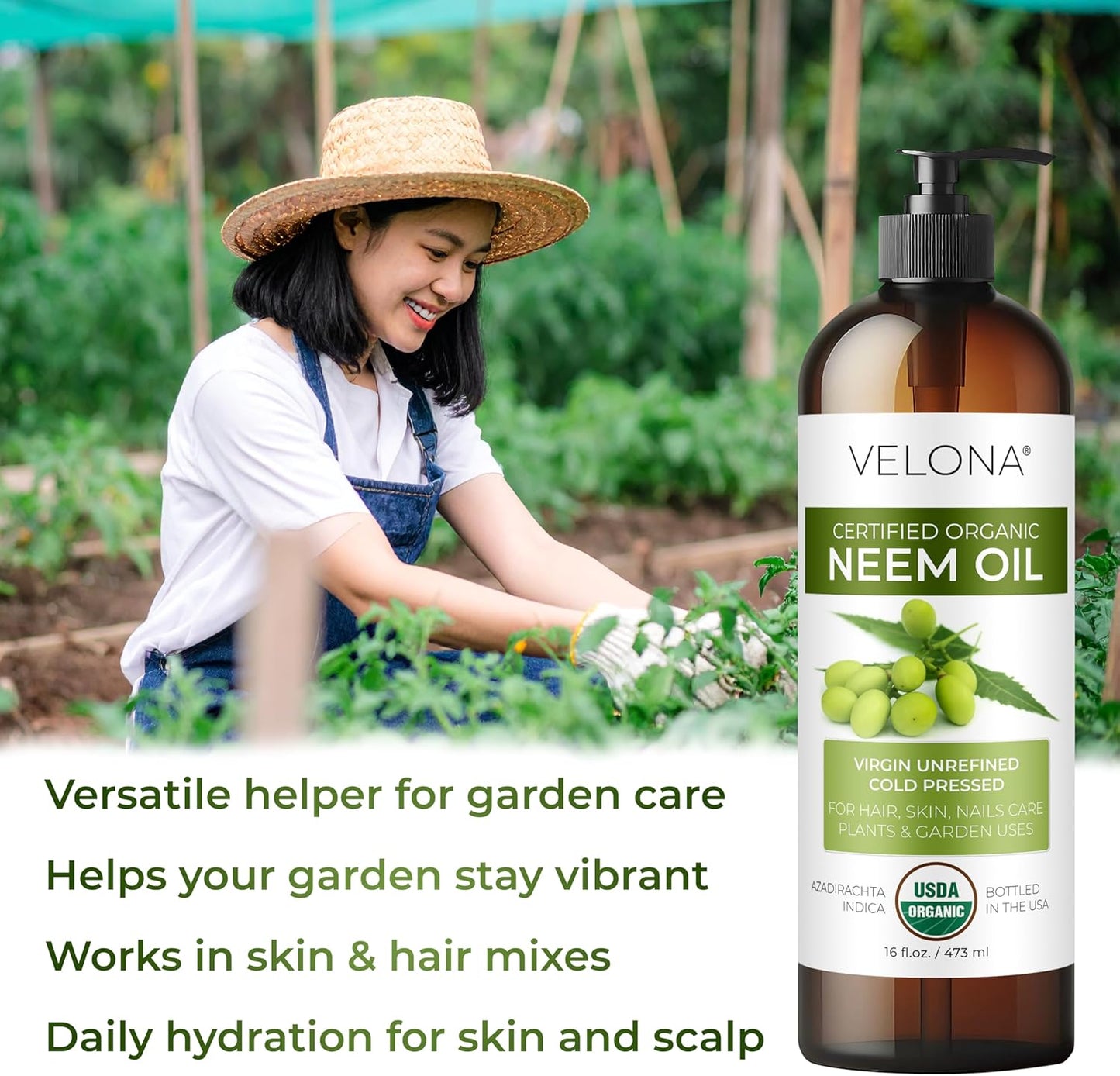 velona Neem Oil USDA Certified Organic - 64 Fl Oz | 100% Pure and Natural Carrier Oil | Virgin, Unrefined, Cold Pressed | Hair, Body and Skin Care | Use Today - Enjoy Results