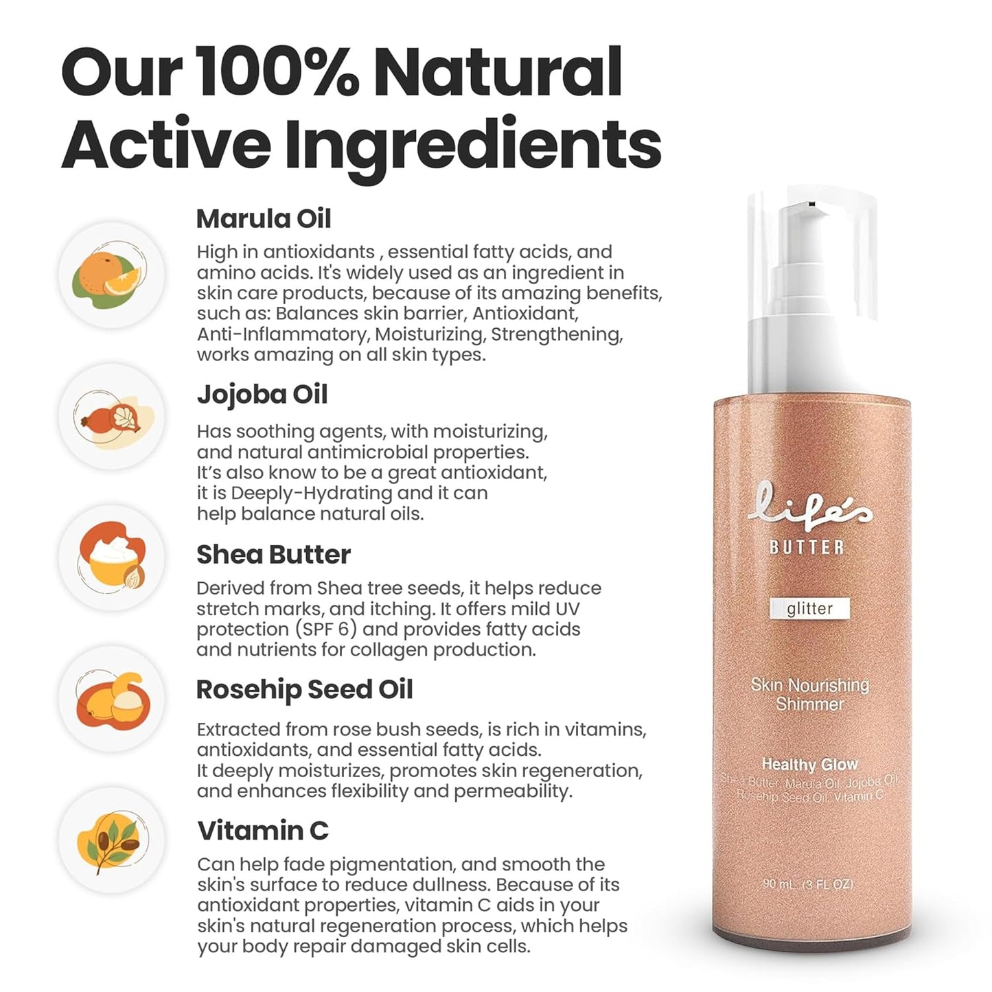 Life's Butter Face & Body Shimmer Healthy Waterproof Moisturizing Glow | Shea Butter, Marula Oil, Jojoba Oil and Vitamin C | Glistening Bronze | 3 Fl Oz (Pack of 1)