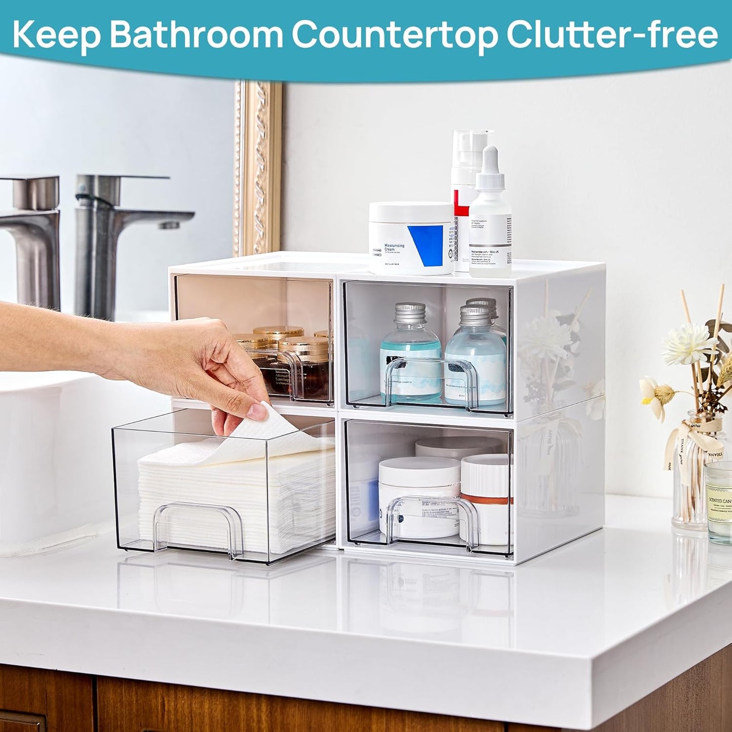 Vtopmart 4Pack Stackable Storage Drawer, 4.4'' Tall Bathroom Makeup Organizer,Plastic Storage Bins For Vanity, Undersink, Kitchen Cabinets, Pantry, Home Organization(White)