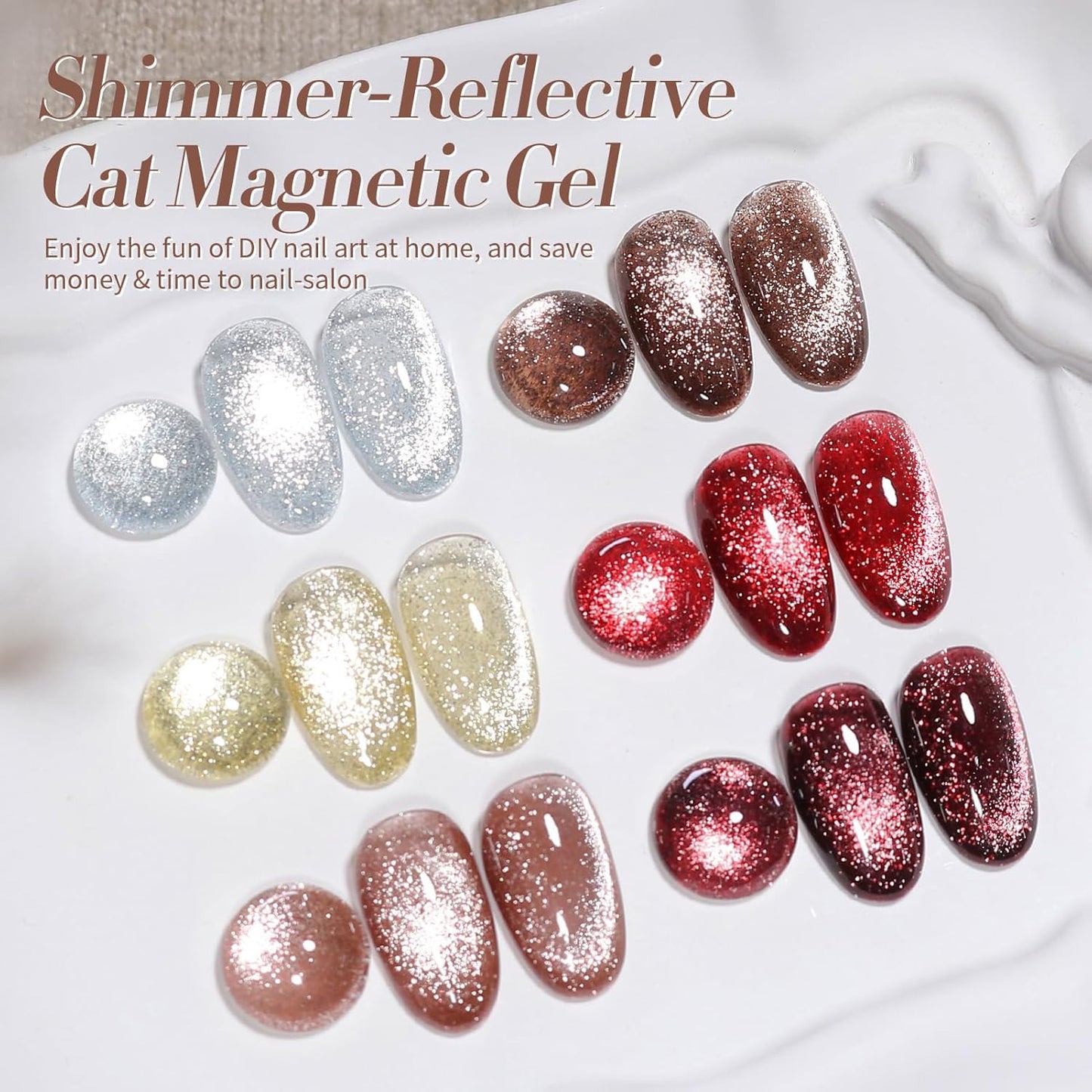 Born Pretty Cat Magnetic Eye Gel Nail Polish Reflective Glitter Gel Polish Red Silver Champagne Gold Glitter Gel Nail Polish 6PCS Set